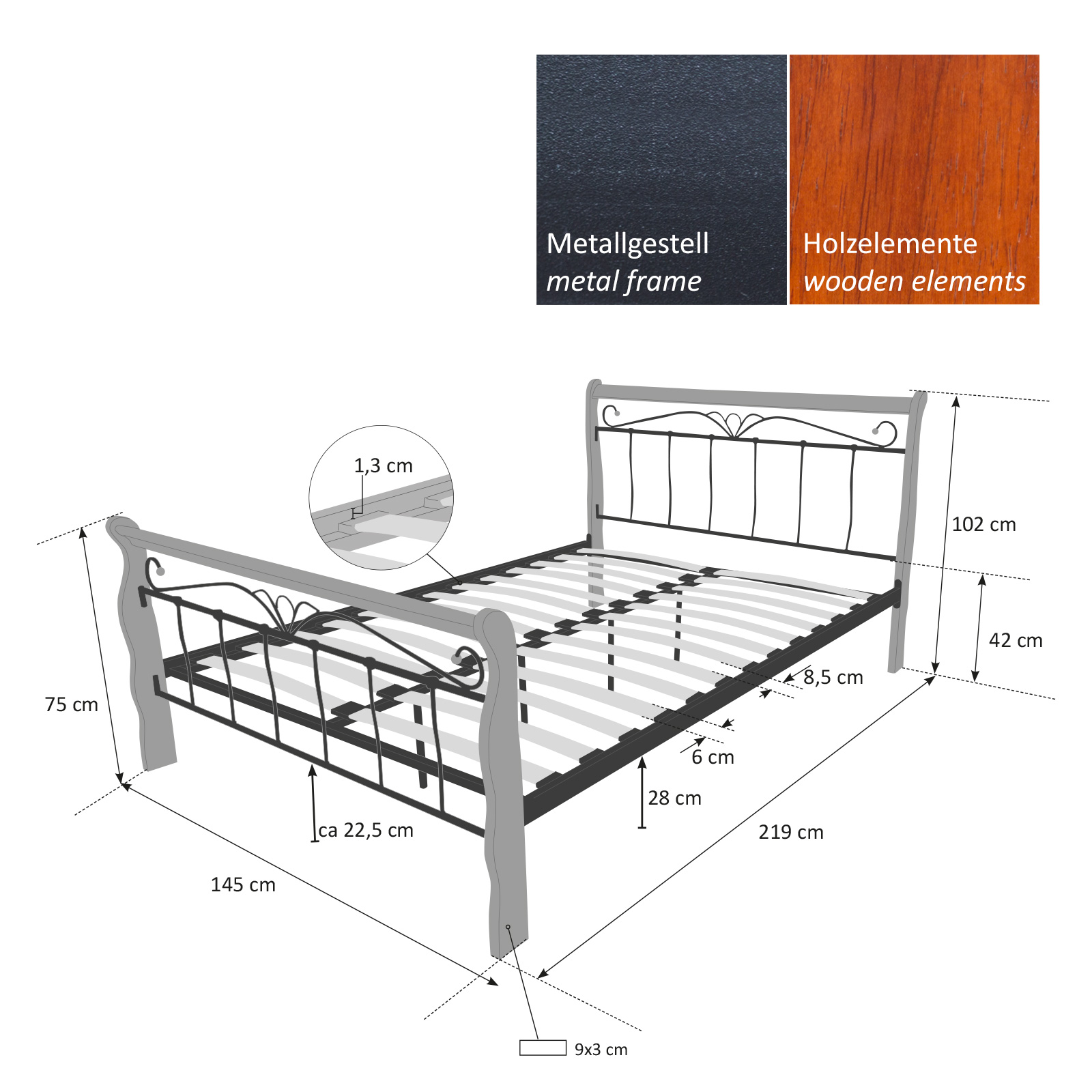 Metal bed 140 160 180 x 200 Bed frame with slatted frame Double Bed Wood Black Brown