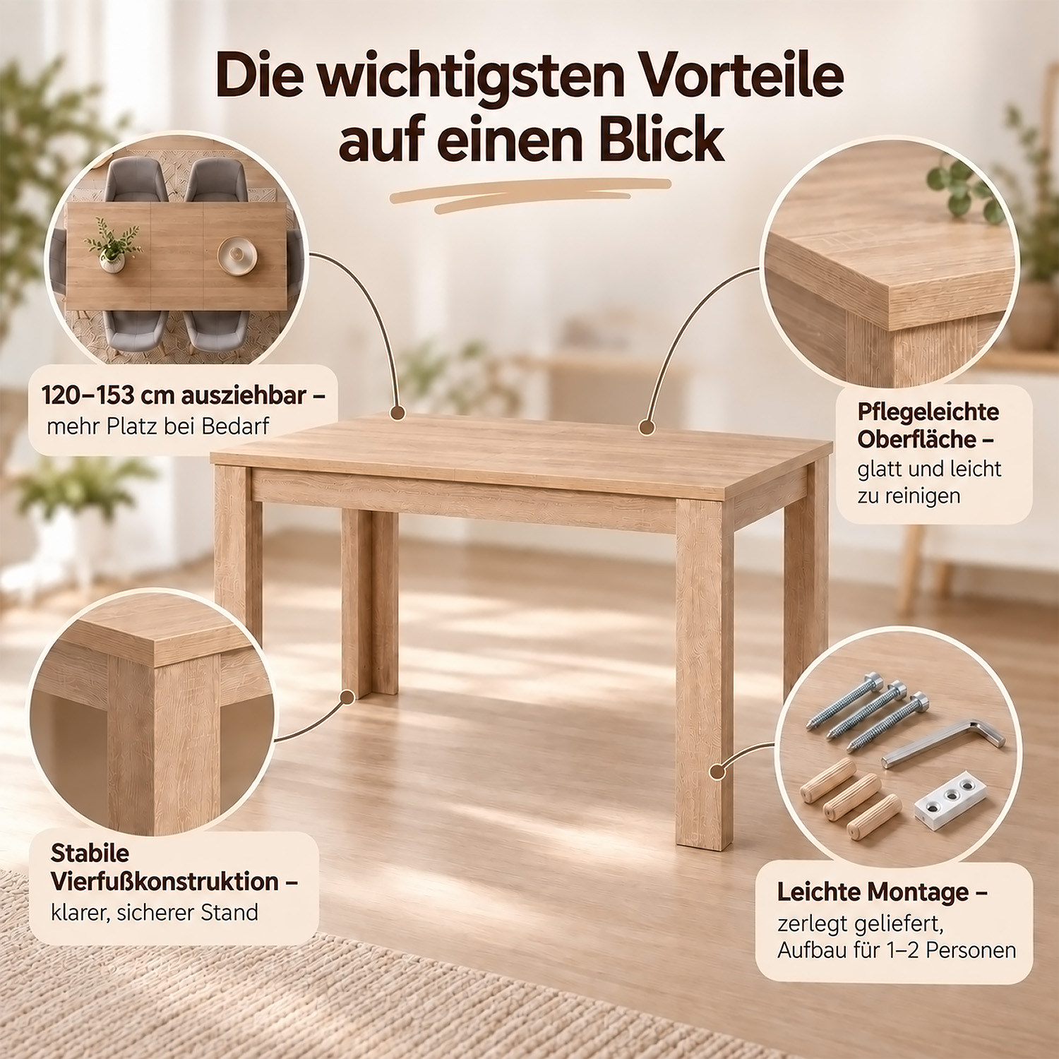 Dining Set (5-Piece): 120x80 cm oak extendable dining table with 4 grey plastic chairs and wooden legs