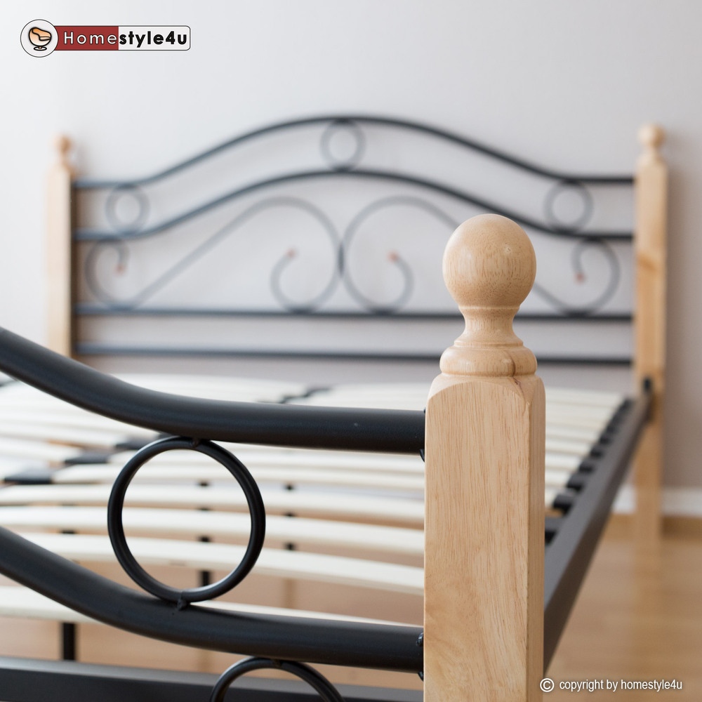 Metal Bed Iron Bed Double 160 x 200 Wood Slatted black natural bed frame 803