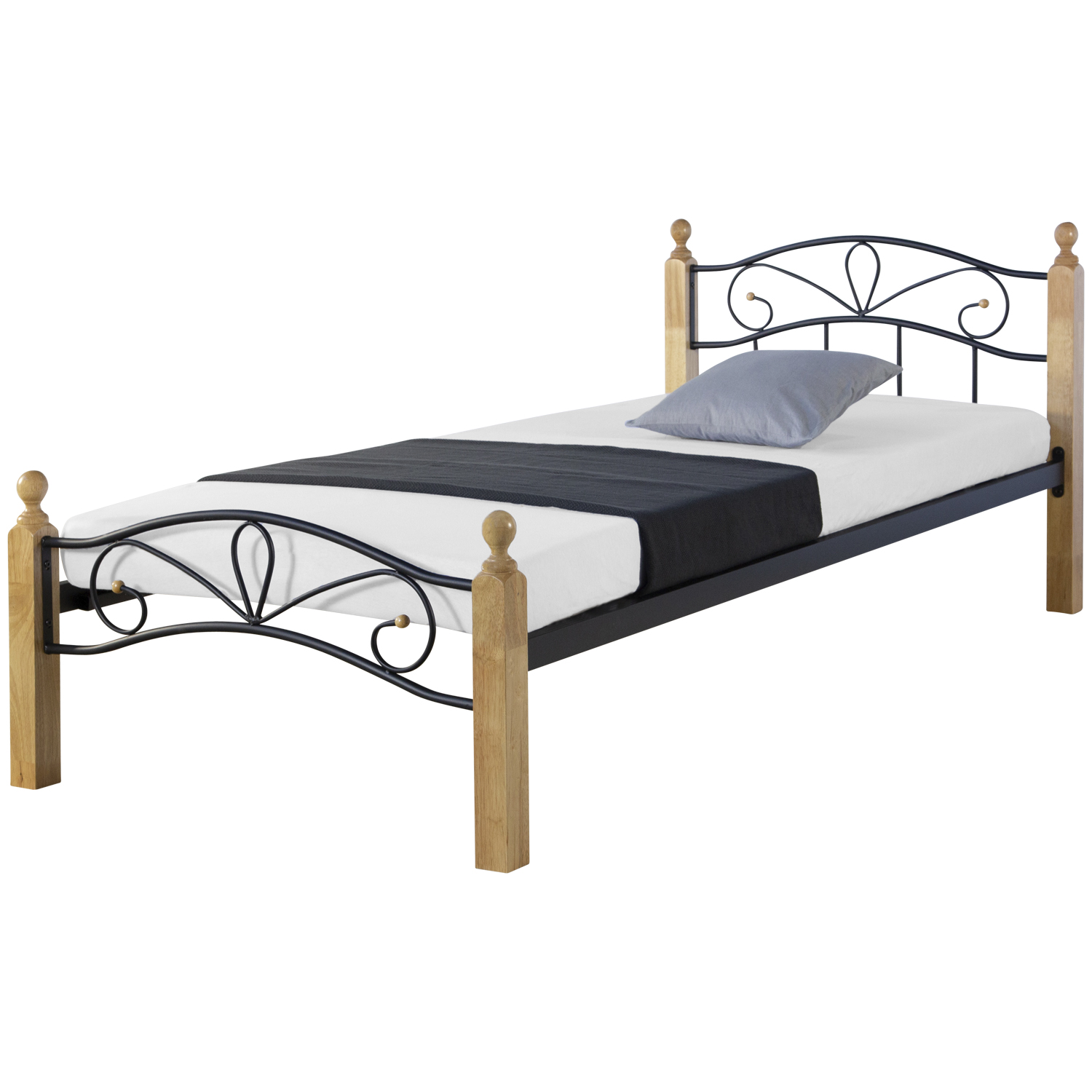 Metal Bed with Mattress Slatted Frame 90x200 cm Bedstead Black Nature Wood Single Daybed