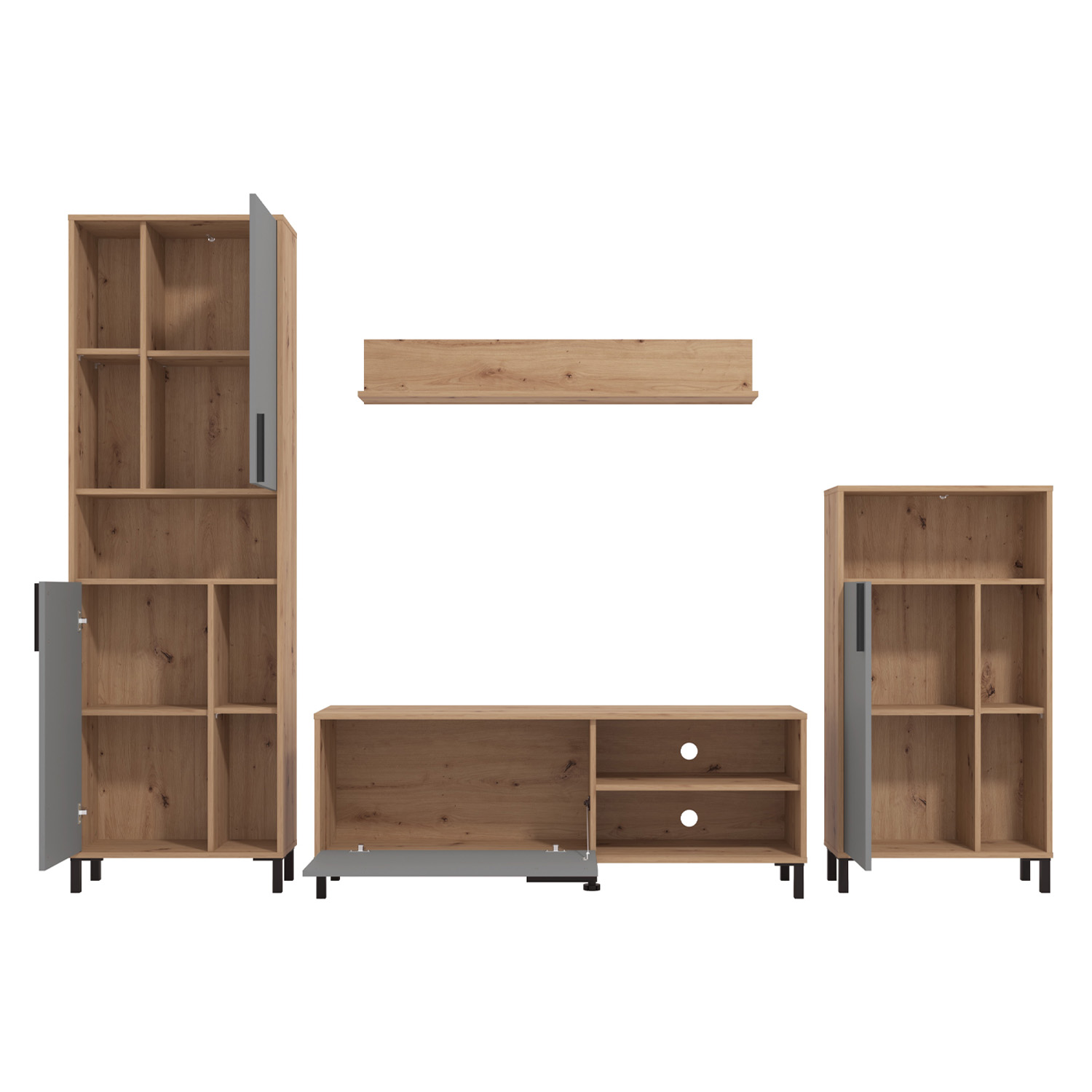Modern living room unit 4 part cupboard set wall unit wood oak grey TV set with storage entertainment center