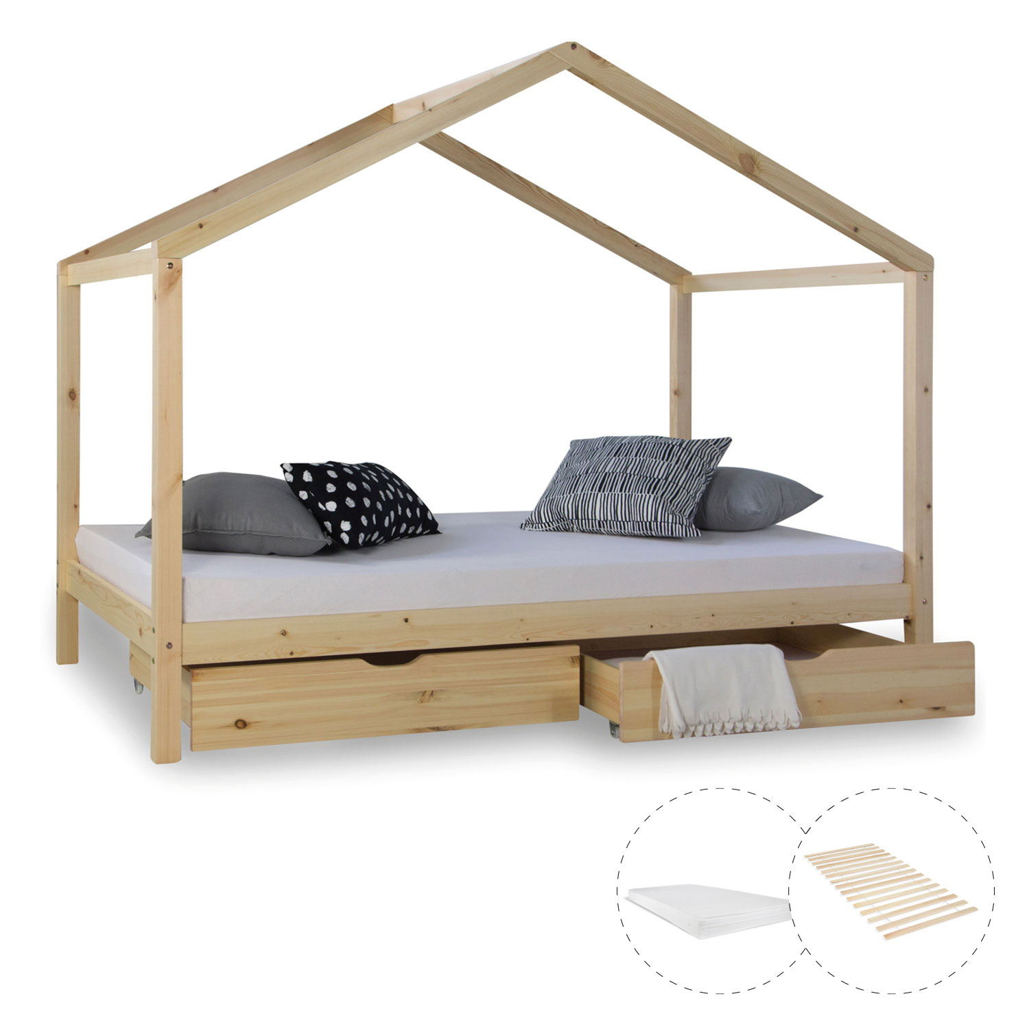 Children's Bed with mattress 90x200 House Bed Kids Bed Wooden Bed Natur Cot Drawer