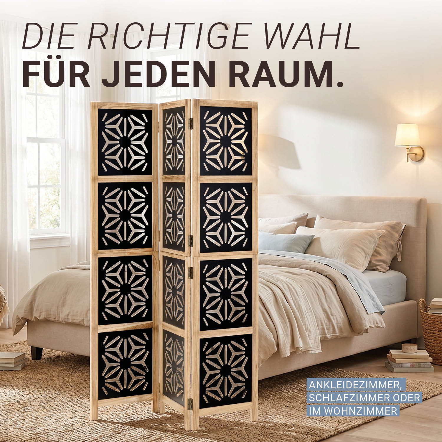 3-Panel "Nature" Folding Screen – Room Divider with Black Accents