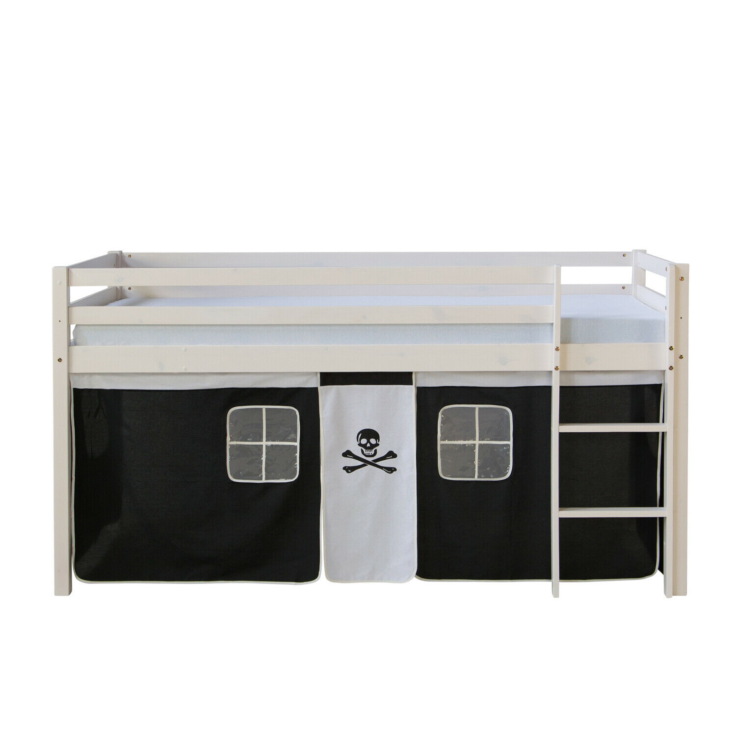 Loft Bed Kids 90x200 cm White with Curtain Black | without Slatted Frame Loft Bed Kids 90x200 cm White with Curtain Black | without Slatted Frame