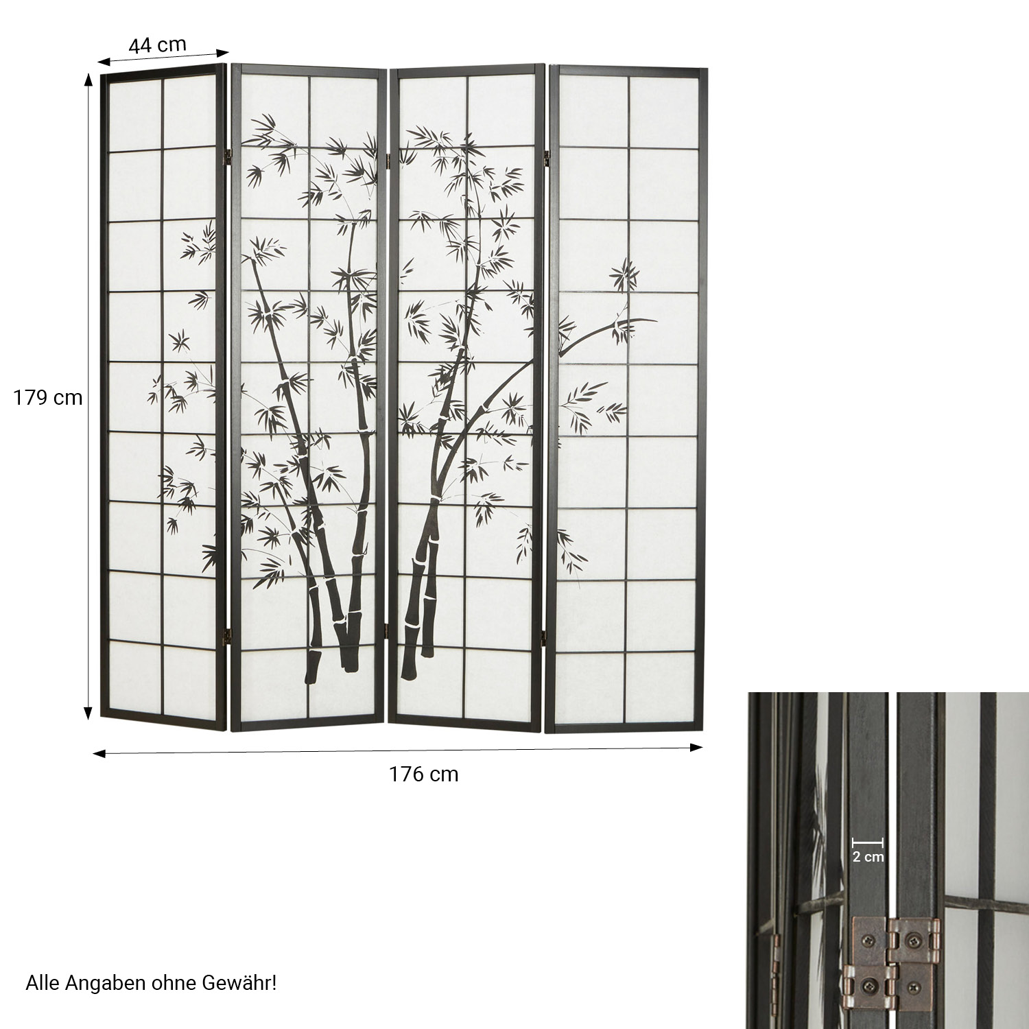 Black 4-panel folding screen with bamboo motif – Asian room divider made of wood and shoji rice paper