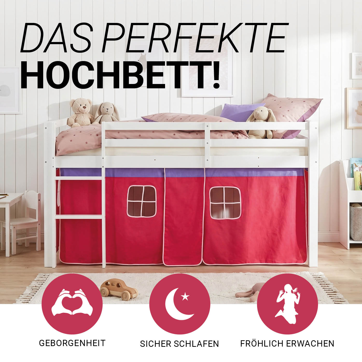 Loft Bed Kids 90x200 cm White with Curtain in Pink | without Slatted Frame