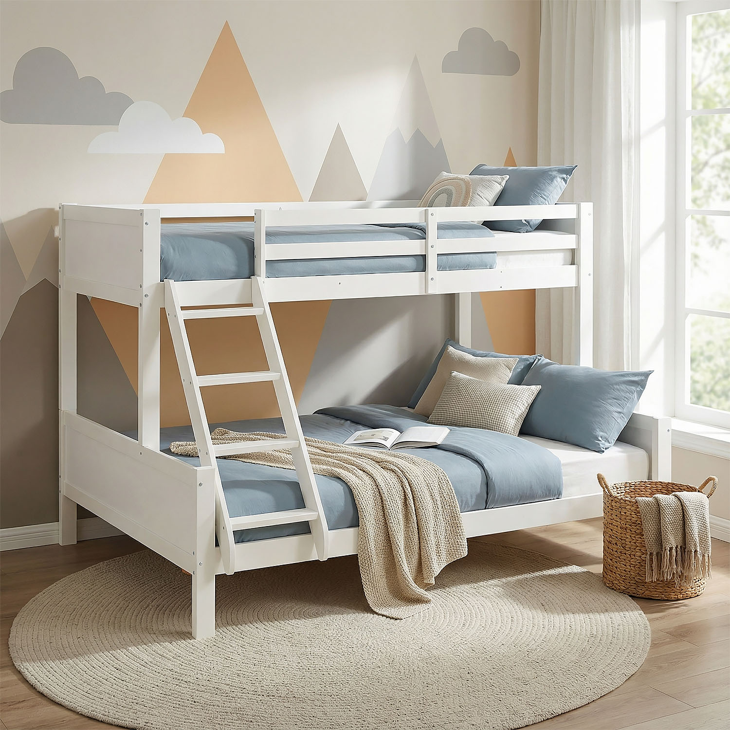 Children´s Bed Bunk Bed 90x200 and 140x200 High Sleeper Cot White Wood with Slats 2 Matresses