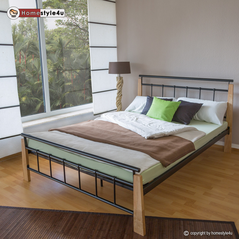Metal Bed Iron Bed Double 180 x 200 Wood Slatted black natural bed frame 5072