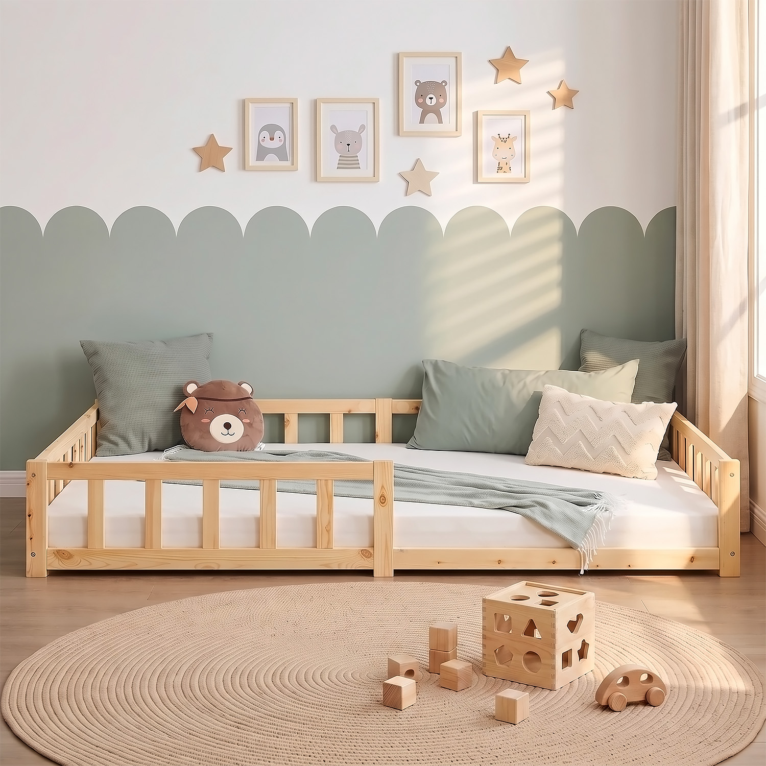 Montessori Crib 120x200 cm Natural, Includes Mattress & Slatted Base – Floor-Level Crib with Safety Rails Made of Solid Wood