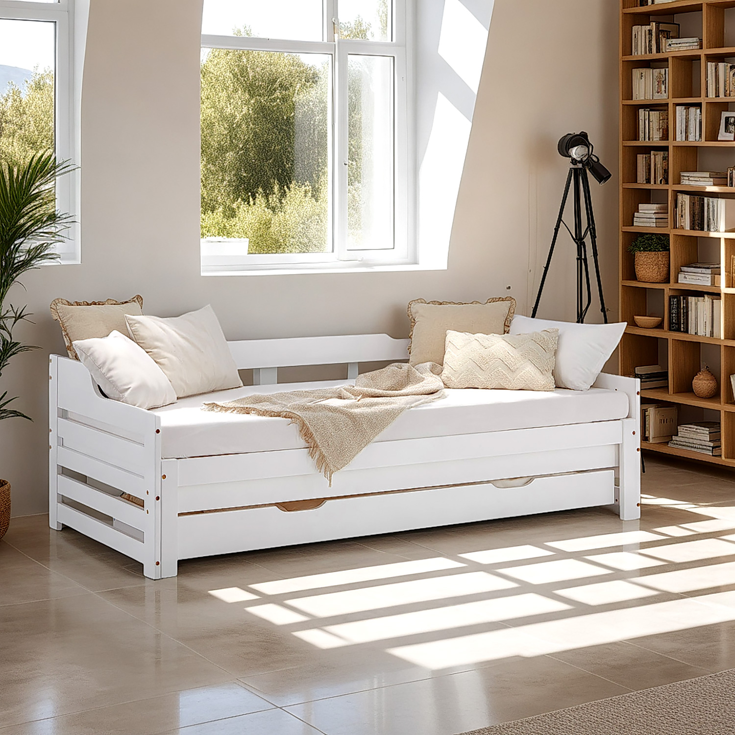 Wood Bed 90x200 cm White | Extendable to Double Bed | Storage | with Slatted Frame | Kids Youth Guest Bedroom