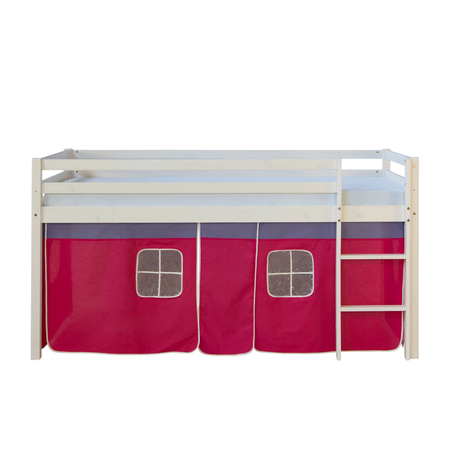 Loft Bed Kids 90x200 cm White with Curtain Pink | without Slatted Frame Loft Bed Kids 90x200 cm White with Curtain Pink | without Slatted Frame