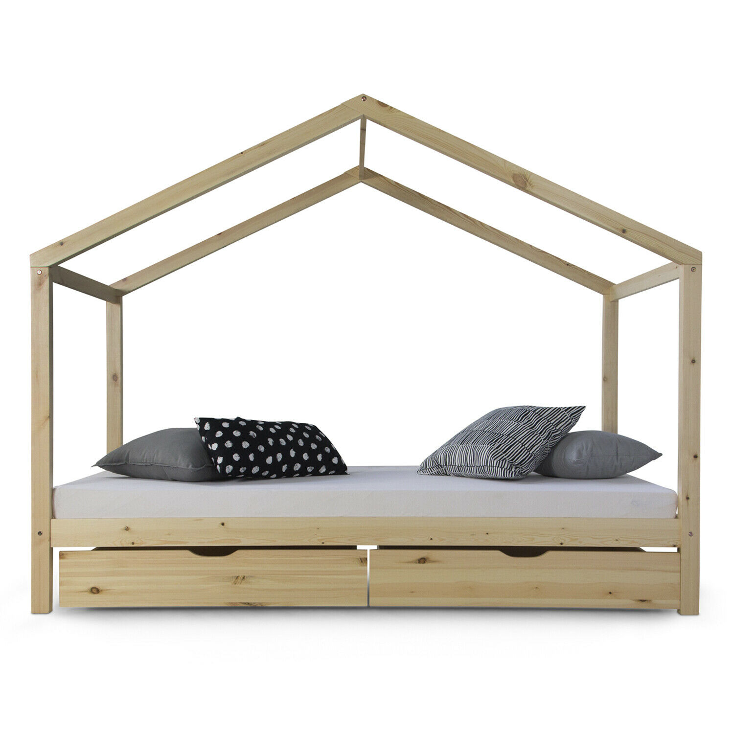 Children's Bed 90x200 cm Natural | House Bed with Drawers | Single Bed | with Slatted Frame | Wood