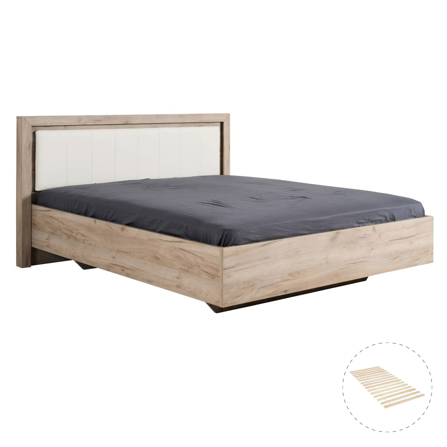 Polsterbett in Grau und Weiß mit Oberflächen in Eichenoptik, Kunstlederbezug und Lattenrost. Das Bett ist mit Matratze und Bettwäsche auf weißem Hintergrund abgebildet. Kopfteil, Bettrahmen und Untergestell sind sichtbar; ein kleines Detailbild ist unten
