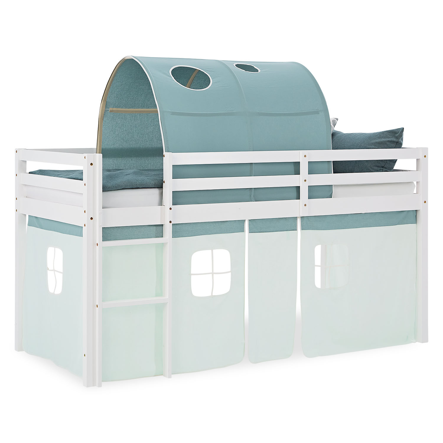 White mid-height kids? bed with turquoise canopy and curtain ? solid wood play bed with tunnel and window details, perfect for any children?s room