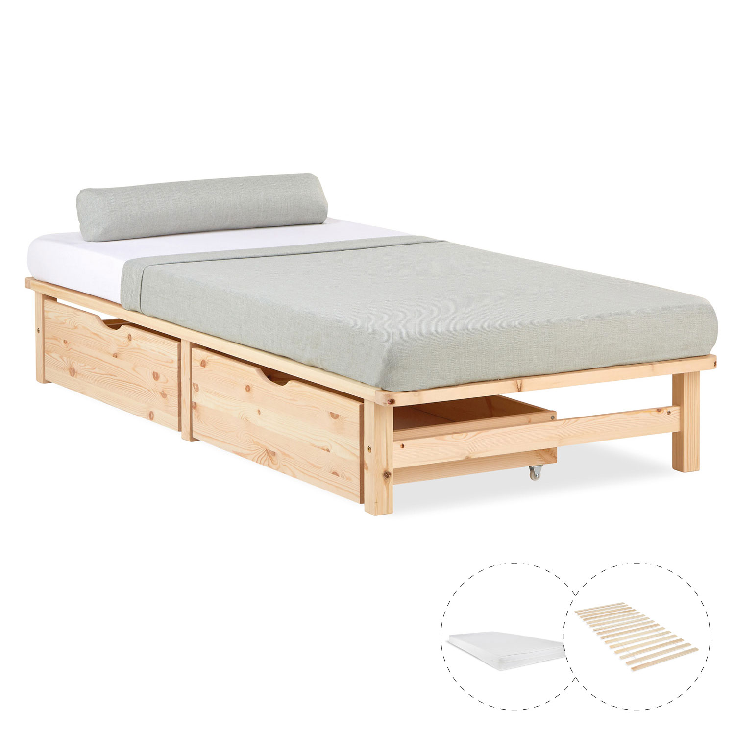 Einzelbett mit Holzelementen, Matratze und Stauraum. Das niedrige Bett ist mit einer Matratze und einer länglichen Polsterrolle vor weißem Hintergrund abgebildet. Die offenen Rahmenseiten und die Beine sind sichtbar. Unter der Liegefläche sind zwei Bettkä