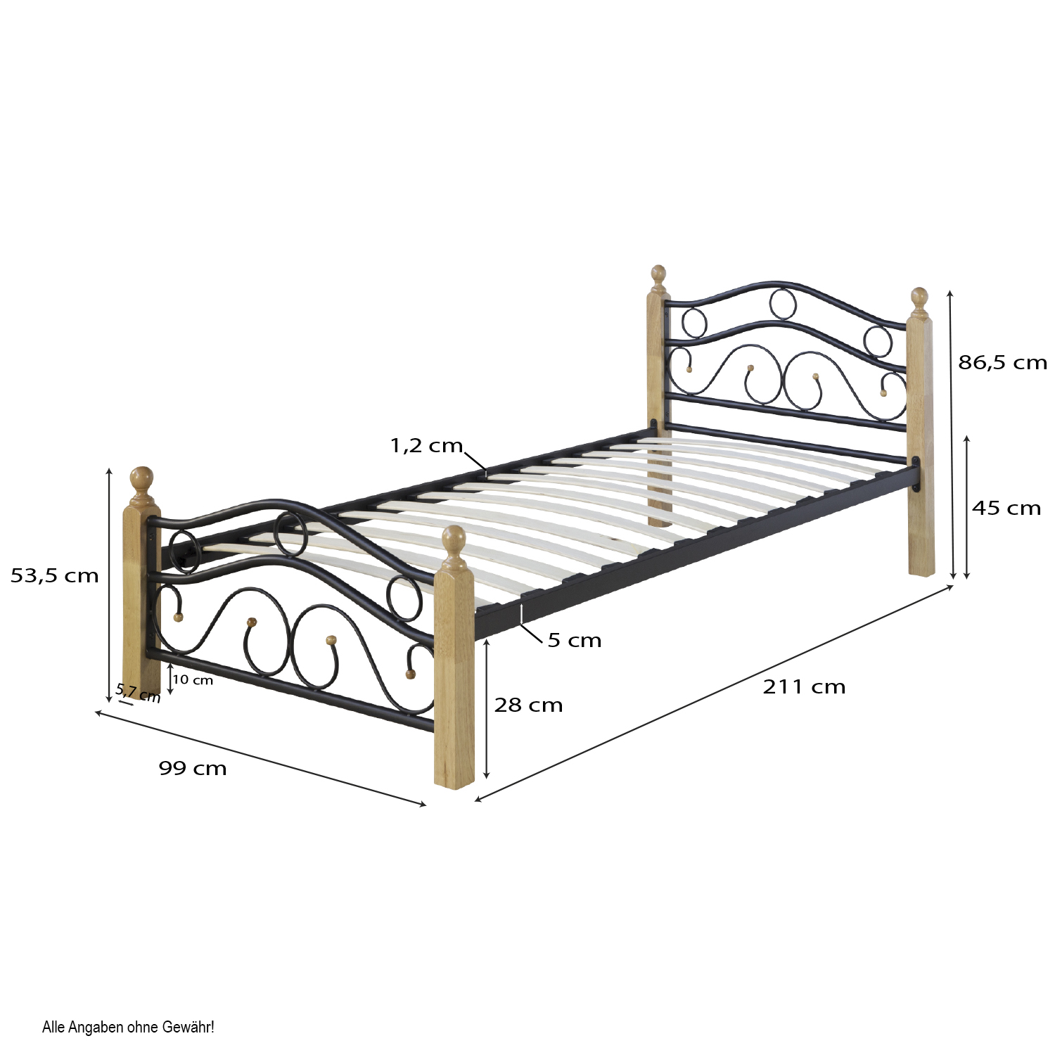 Black metal single bed, 90x200 cm, with a bed frame and slatted base - perfect for a youth bedroom