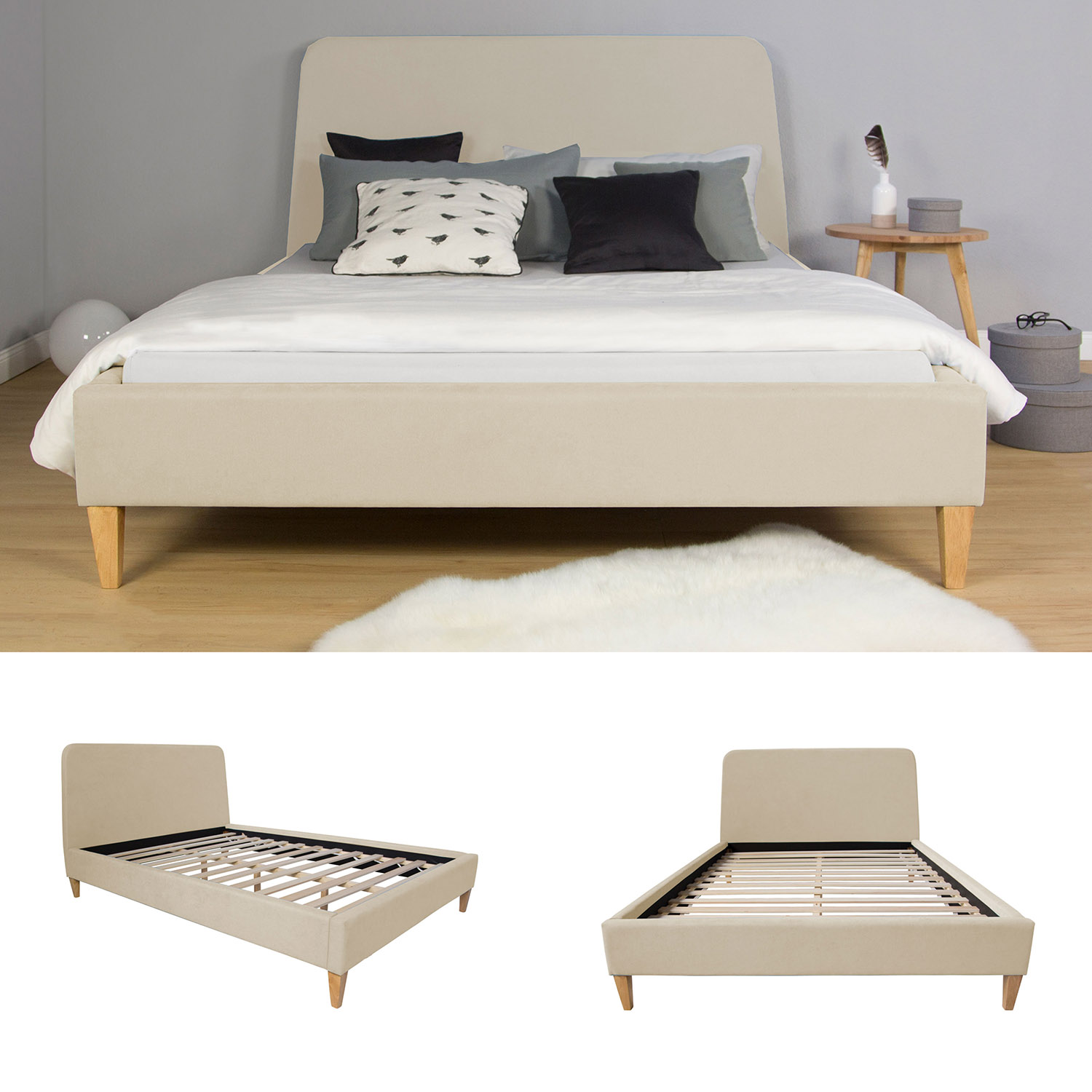 Upholstered Bed Fabric Double Bed 140x200 cm with Slatted Frame Beige