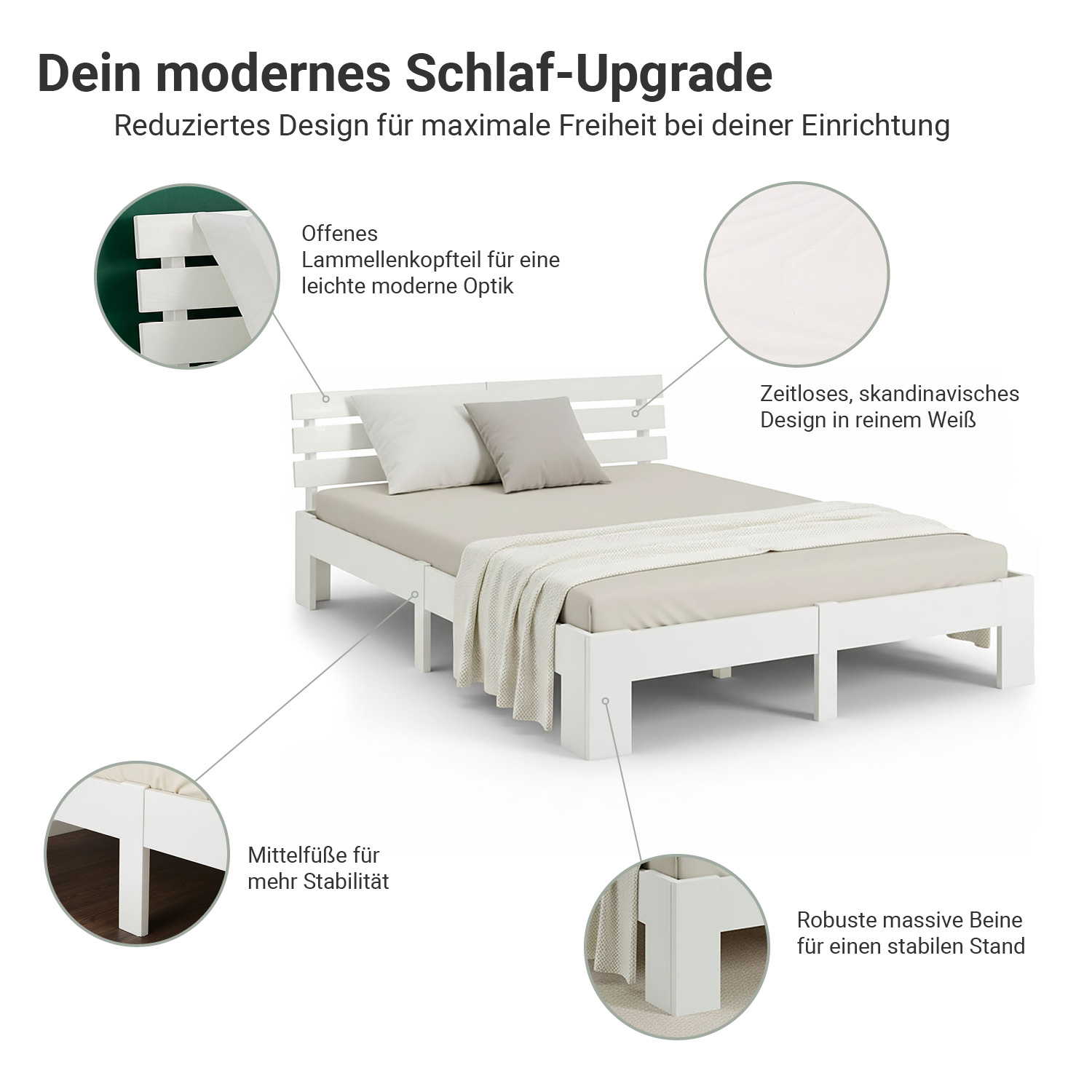 Wood Bed 140x200 cm White | Double Bed | with Spring Mattress | Solid | Youth Guest Bedroom