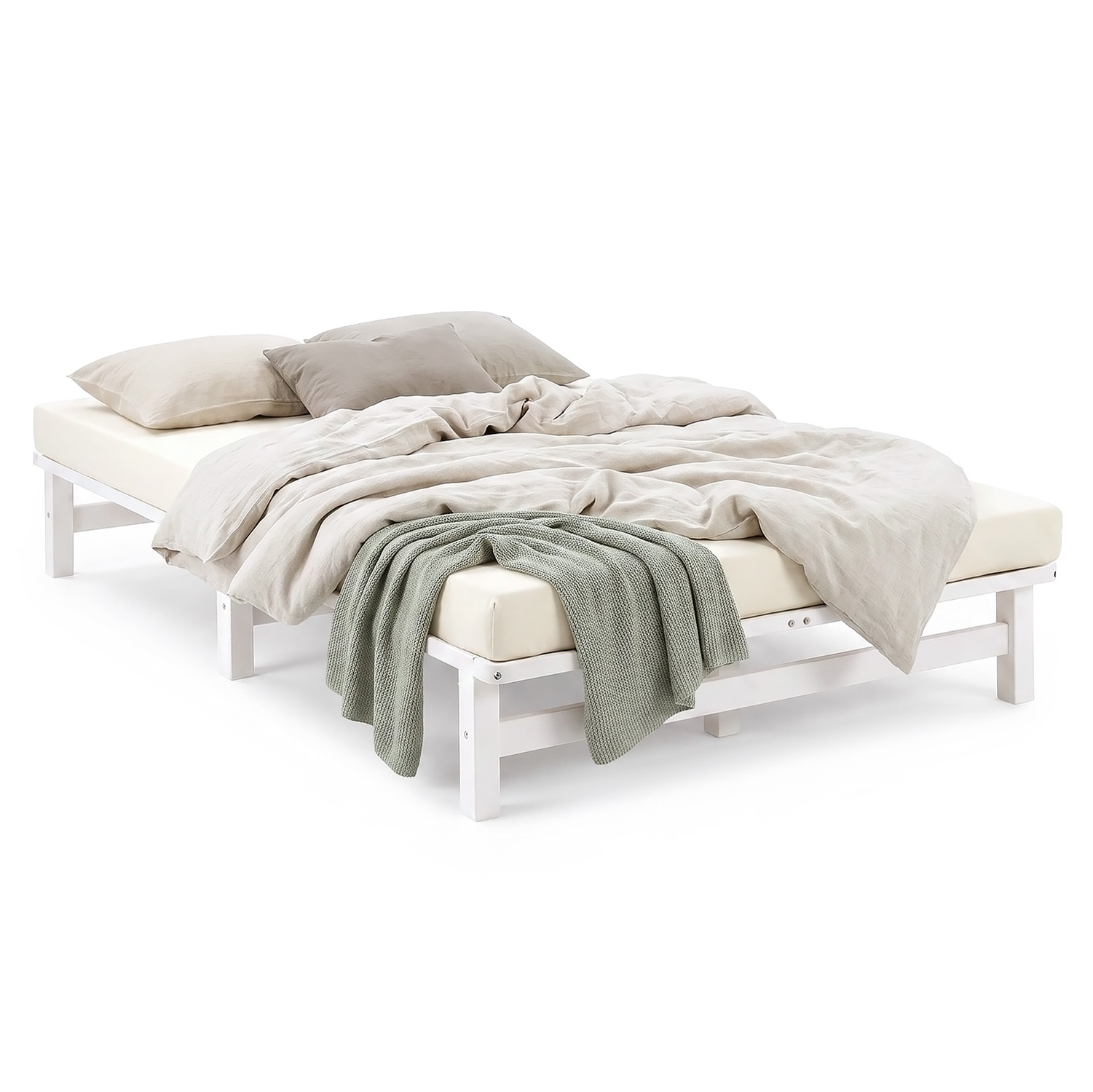 120x200 cm White Pallet Bed – Wooden Double Bed with Mattress & Slatted Base for Teen Rooms, Guest Rooms, and Bedrooms