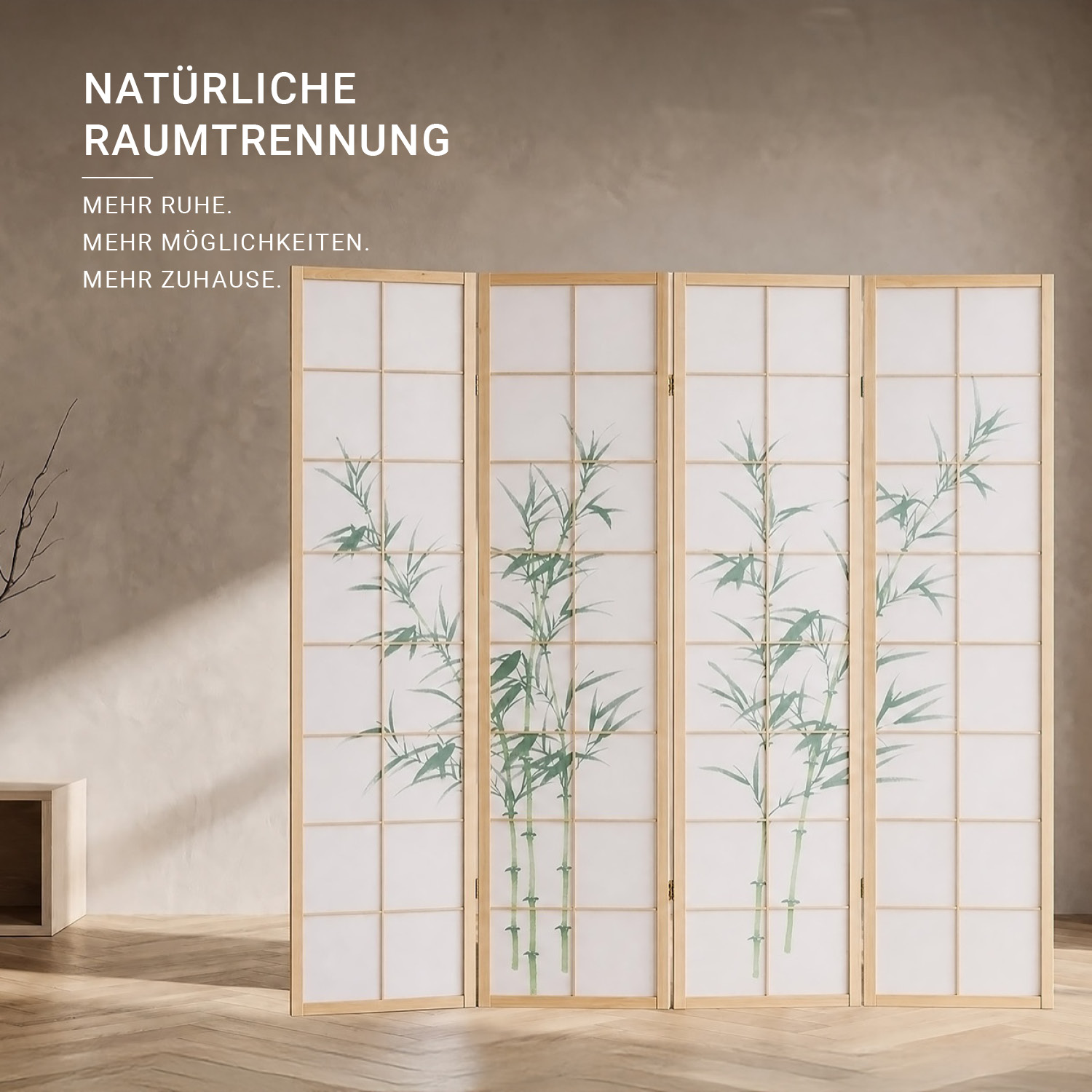 4-Panel "Nature" Screen – Wooden Room Divider with Bamboo Pattern & Rice Paper