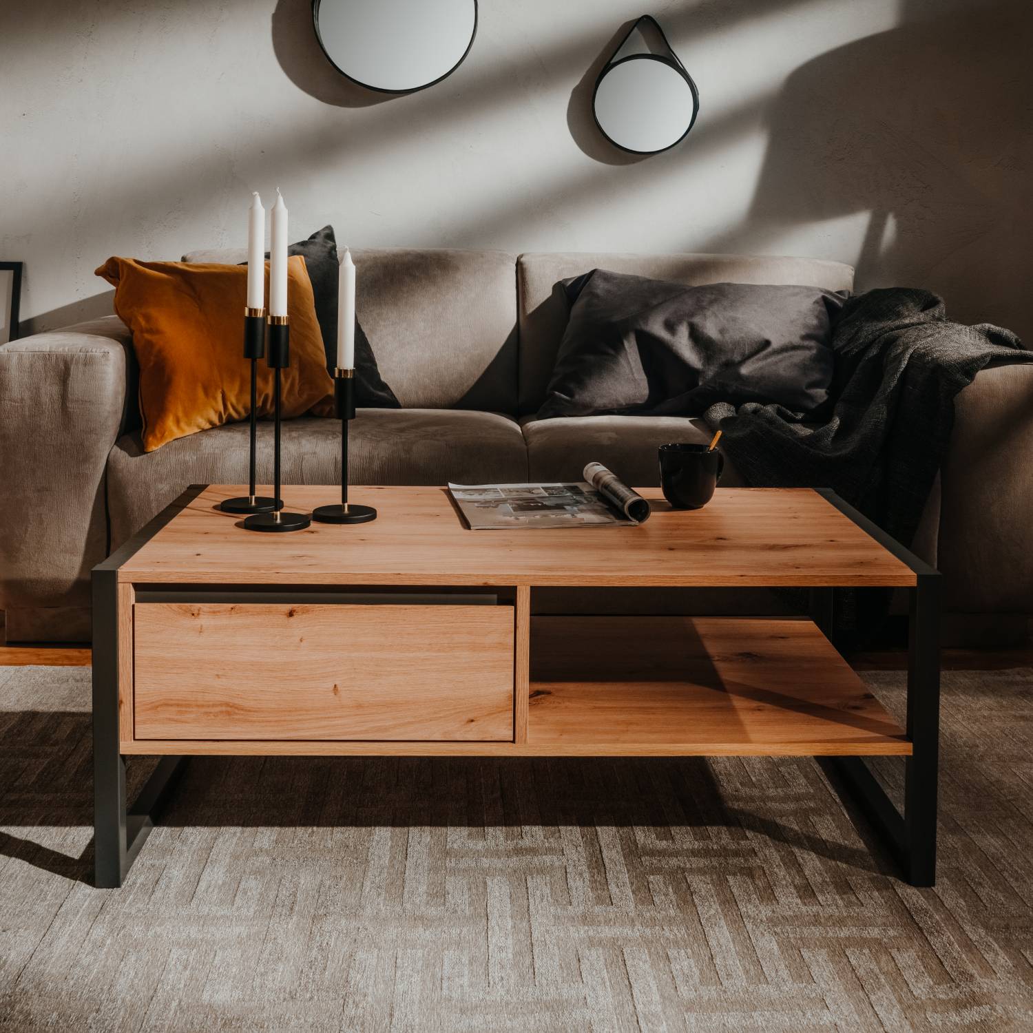 Coffee Table Living Room Table 1 Drawer Storage Wooden Table Grey Natural