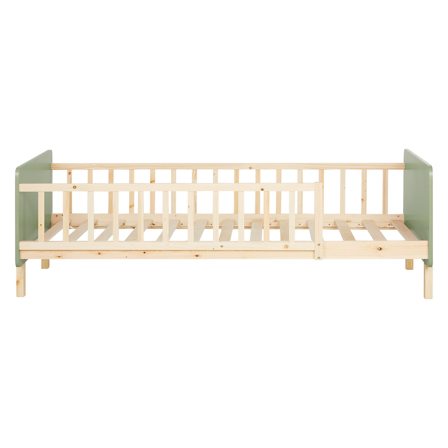 Children's Bed 90x200 cm Green Natural | Retro Bed with Fall Protection | Single Bed | with Slatted Frame | Wood