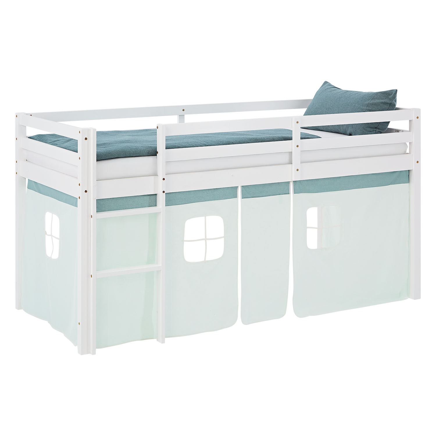 Children's Loft Bed 90x200 cm White with Mint Green Curtain | Includes Slatted Base and Mattress