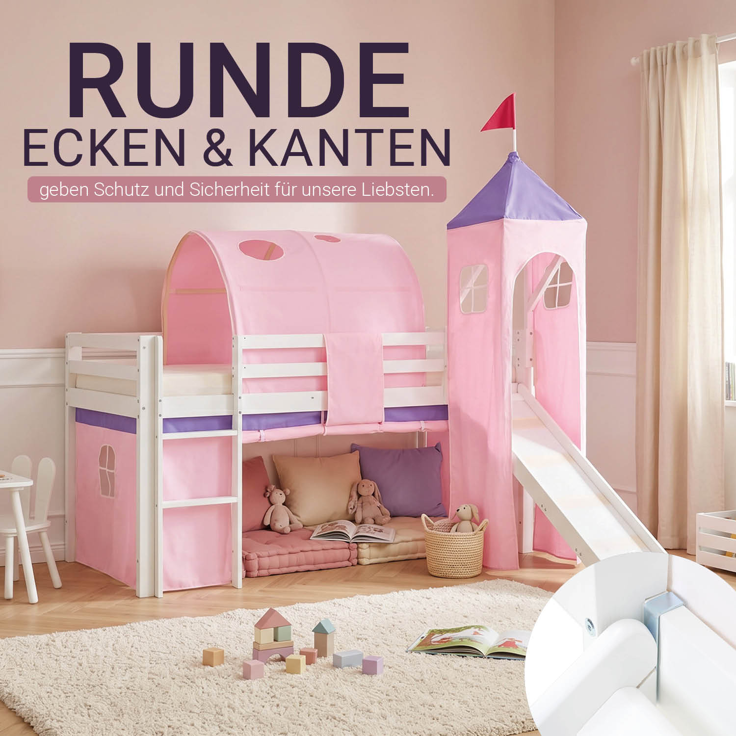 Children's Loft Bed 90x200 cm White with Pink Curtain | Slide | Tower | | Tunnel | with Slatted Base | with Mattress