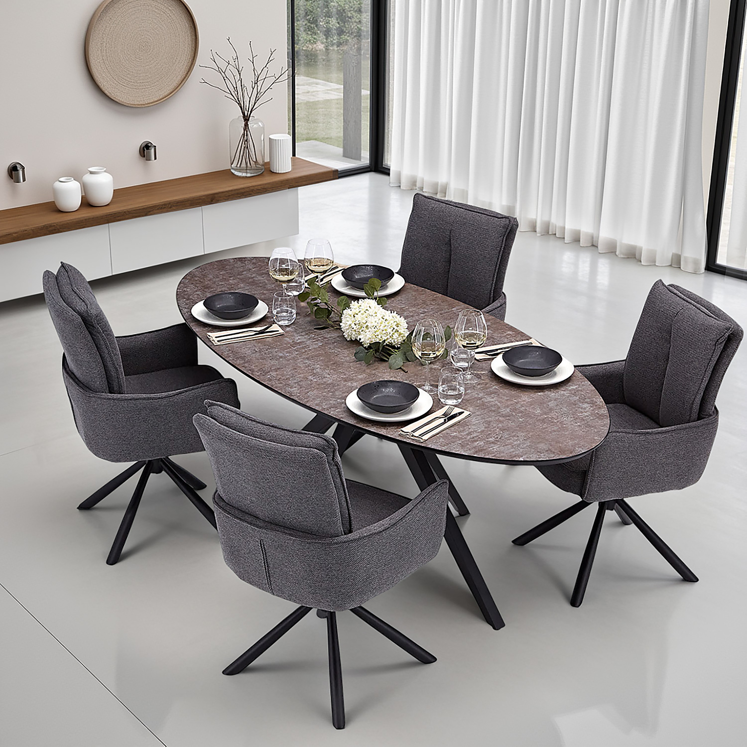 Essgruppe oval 200 cm mit 4 drehbaren Stühlen anthrazit – modern & komfortabel