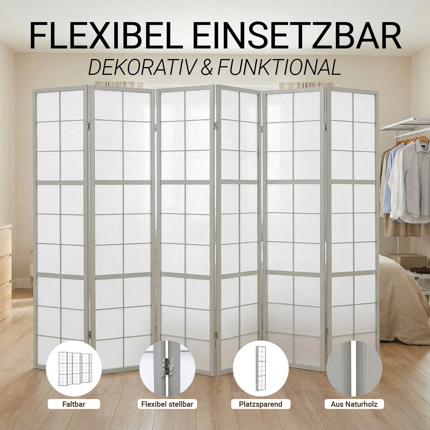 Paravent Grey Shoji | 6-panel | Wood | Room Divider | Partition Privacy Screen