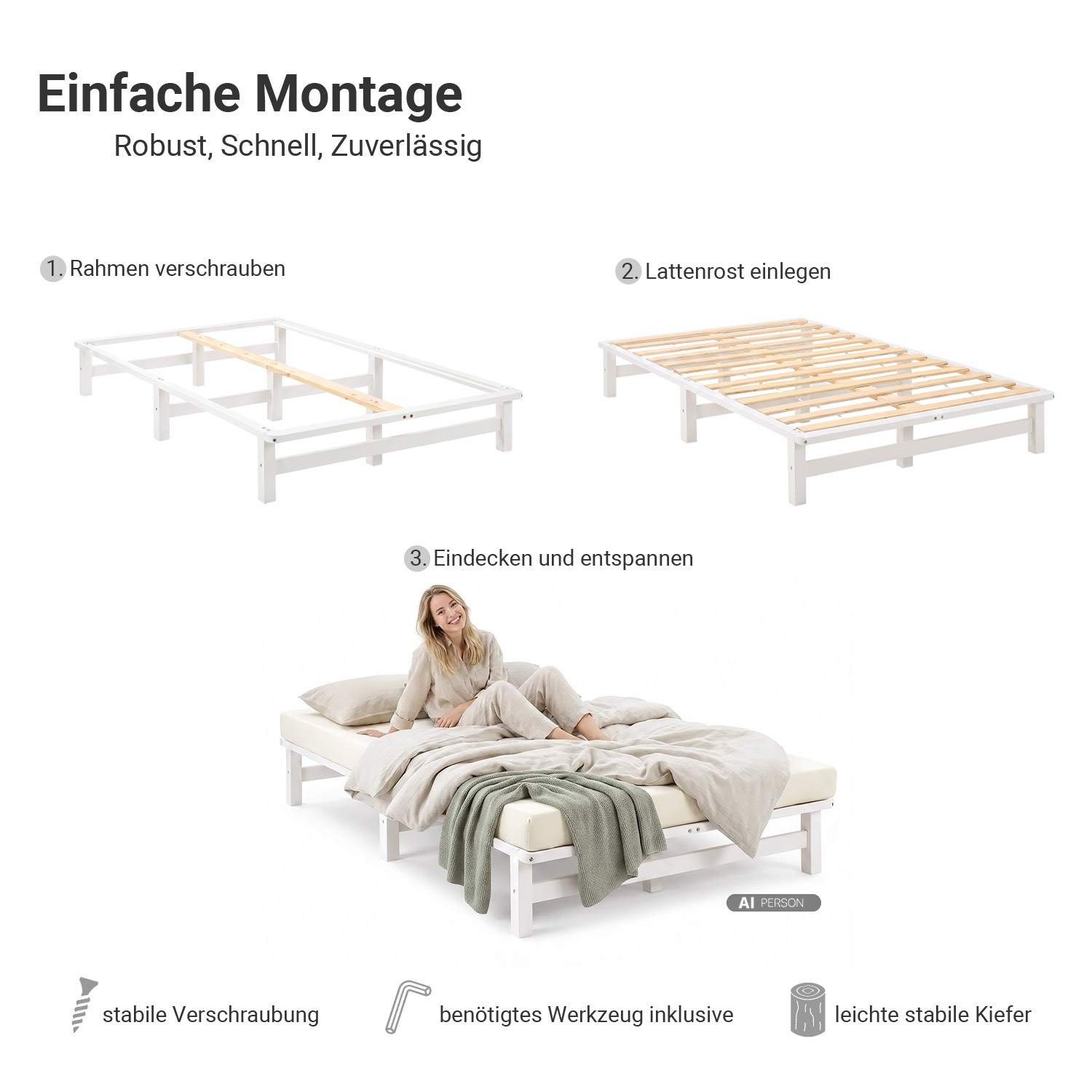 120x200 cm White Pallet Bed – Wooden Double Bed with Mattress & Slatted Base for Teen Rooms, Guest Rooms, and Bedrooms