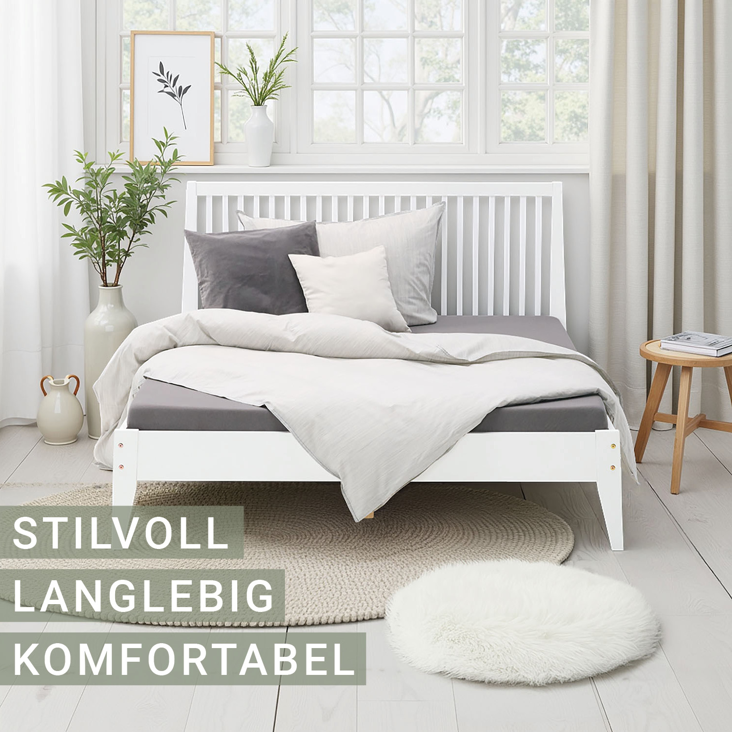 Wood Bed 140x200 cm White | Double Bed | with Slatted Frame | Scandinavian Style | Kids Youth Guest Bedroom