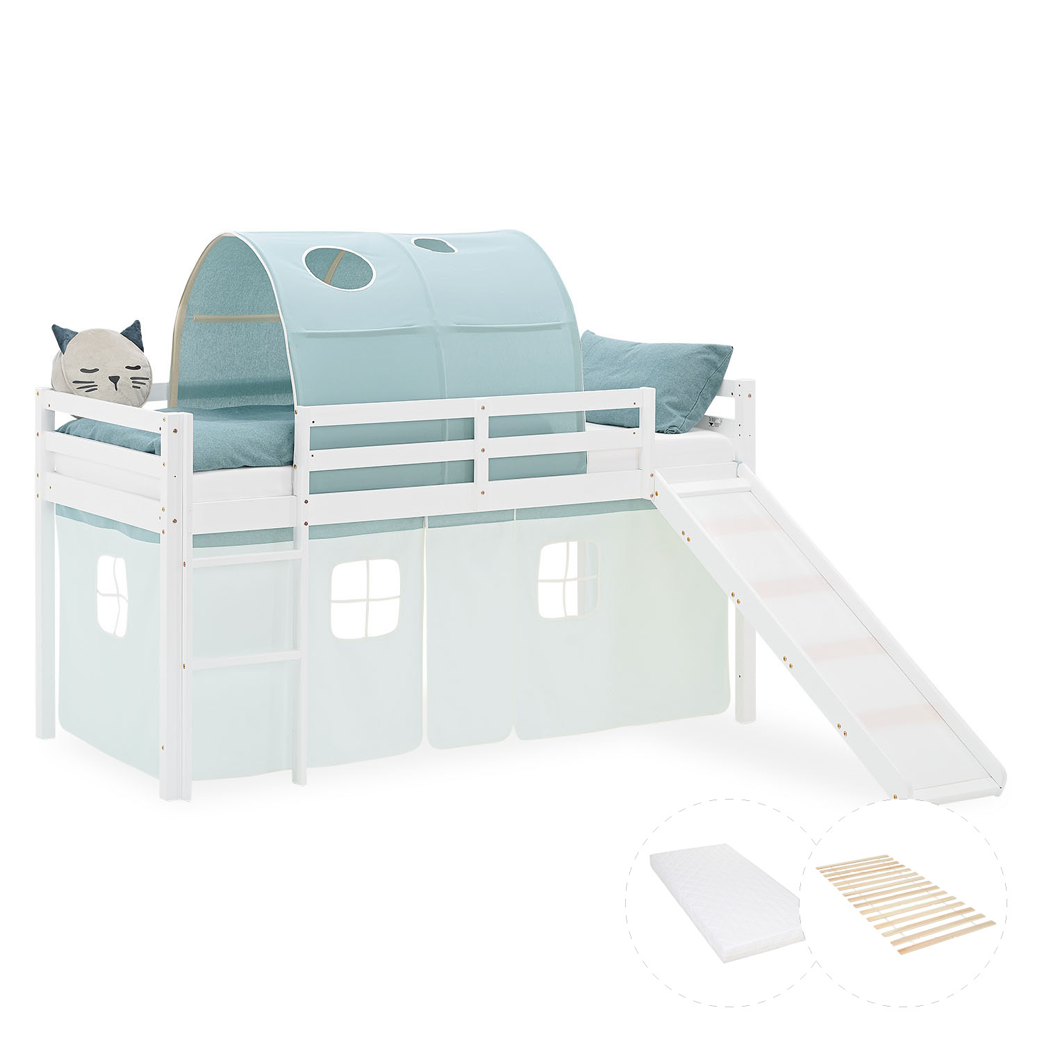 Loft Bed for Kids 90x200 cm White with Curtain & Tunnel in Mint Green | Slide | with Slatted Frame and Mattress