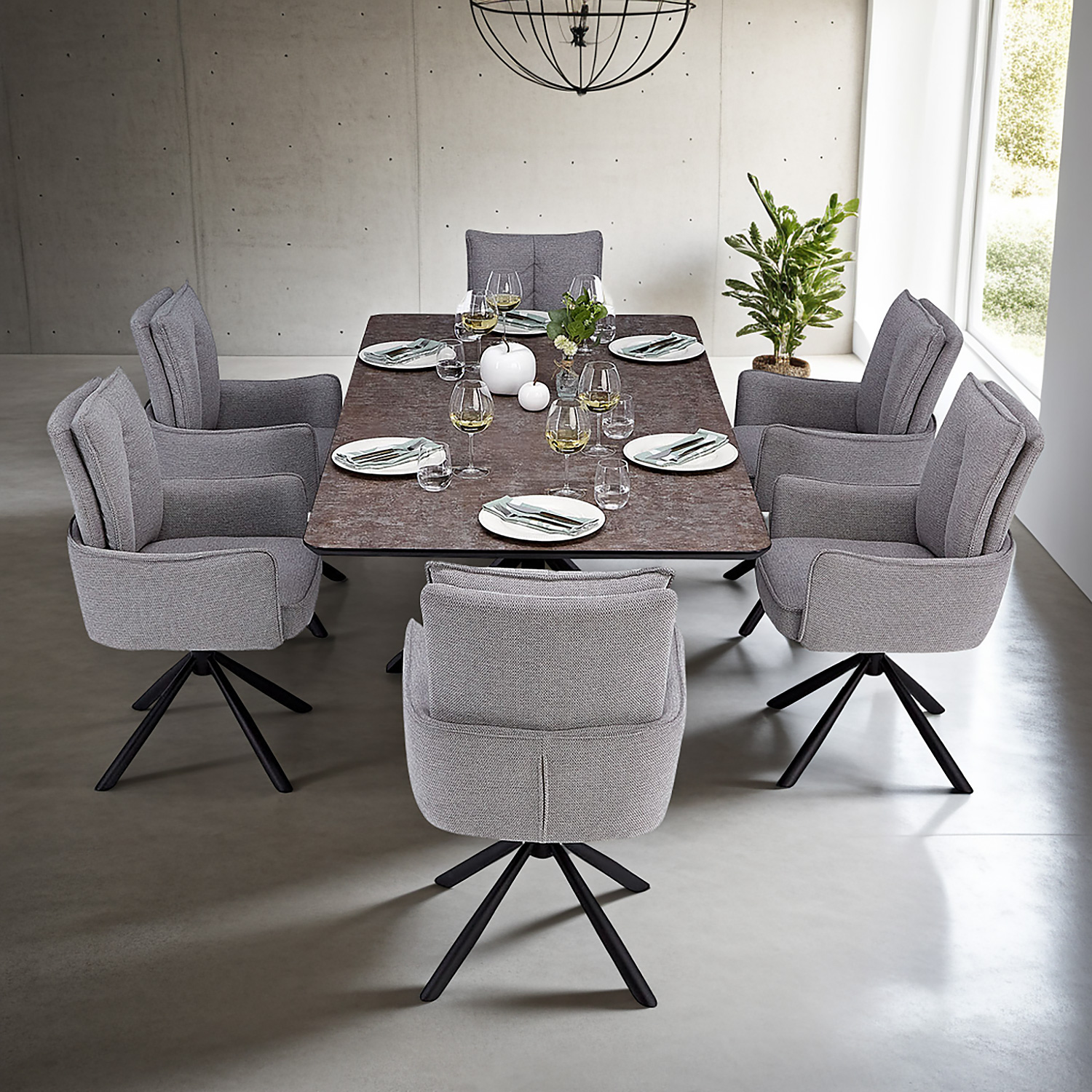 Dining set | 6-piece set upholstered chairs grey with armrest | swivel | dining table brown metal frame 200 x 100 cm