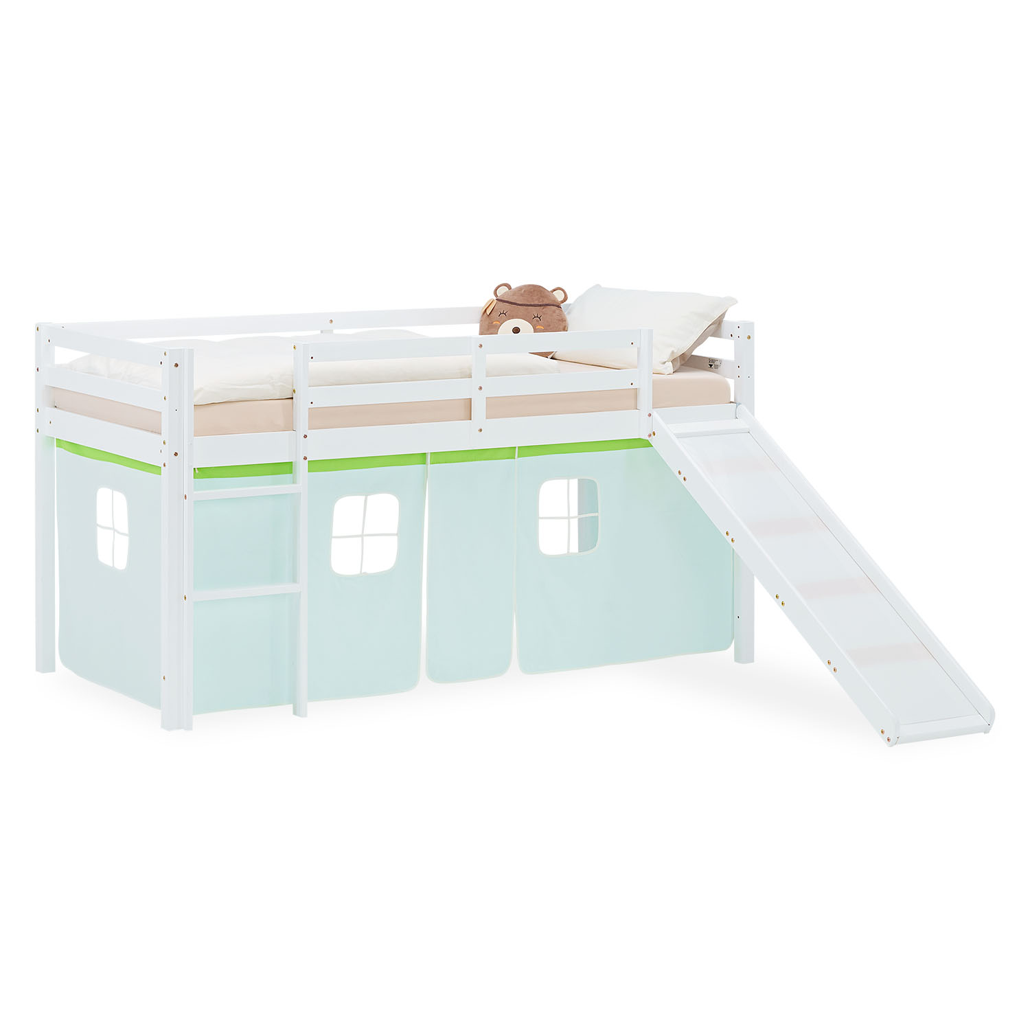 Hochbett Kinder 90x200 cm Kinderbett Kinderhochbett Stockbett Tunnel Vorhang Turm Grün Rutsche Holz Massiv Lattenrost Matratze