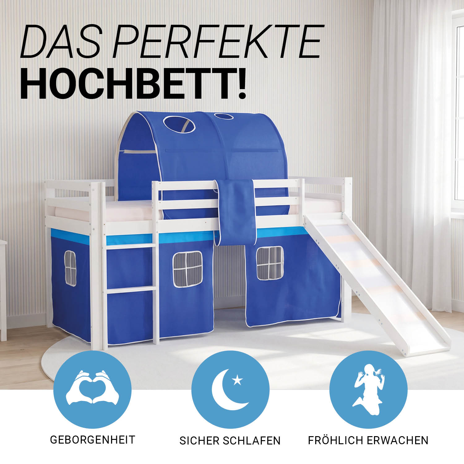 Children's Loft Bed 90x200 cm White with Blue Curtain | Slide | Tunnel | Includes Slatted Base | Includes Mattress