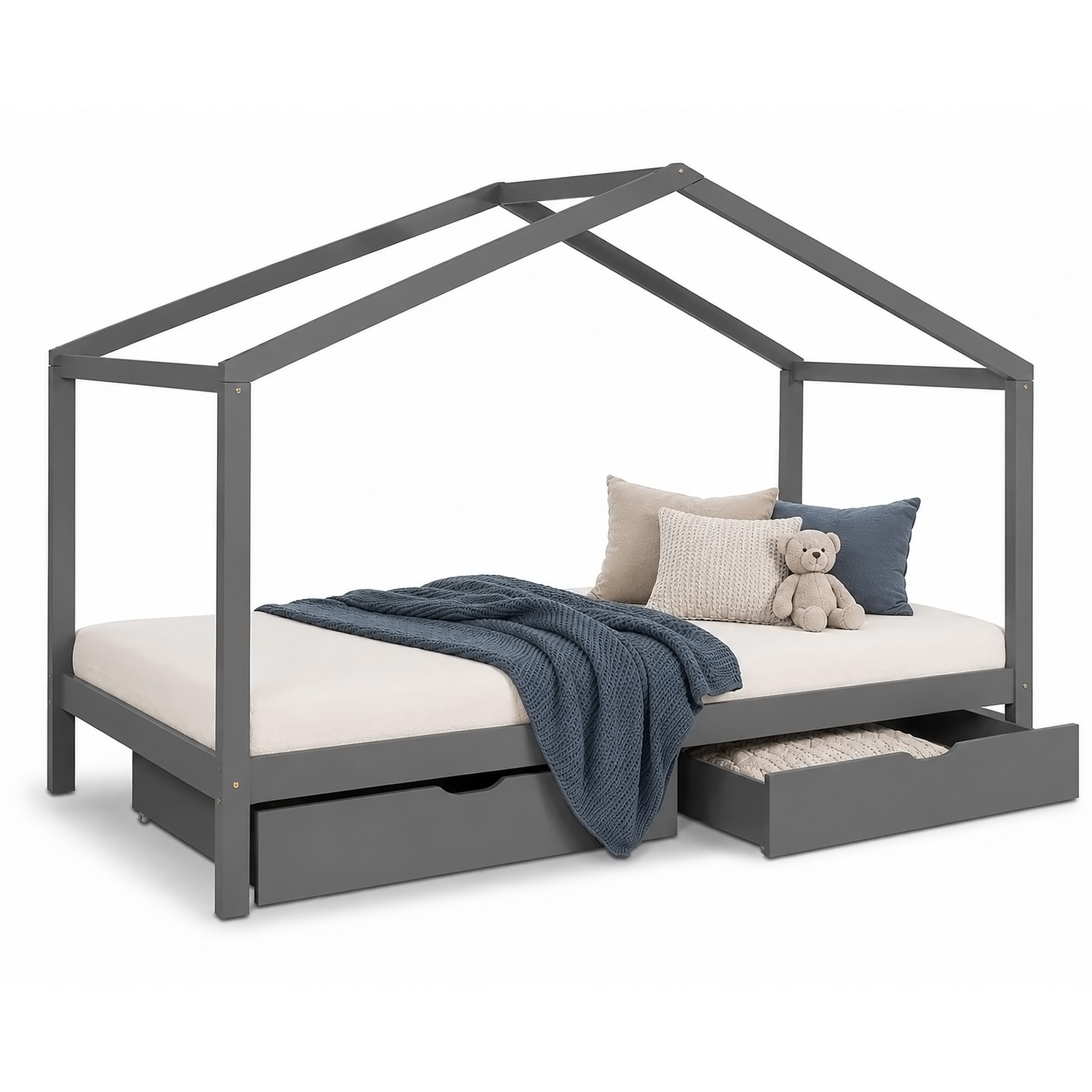 Children's Bed with mattress 90x200 House Bed Kids Bed Wooden Bed Grey Cot Drawer