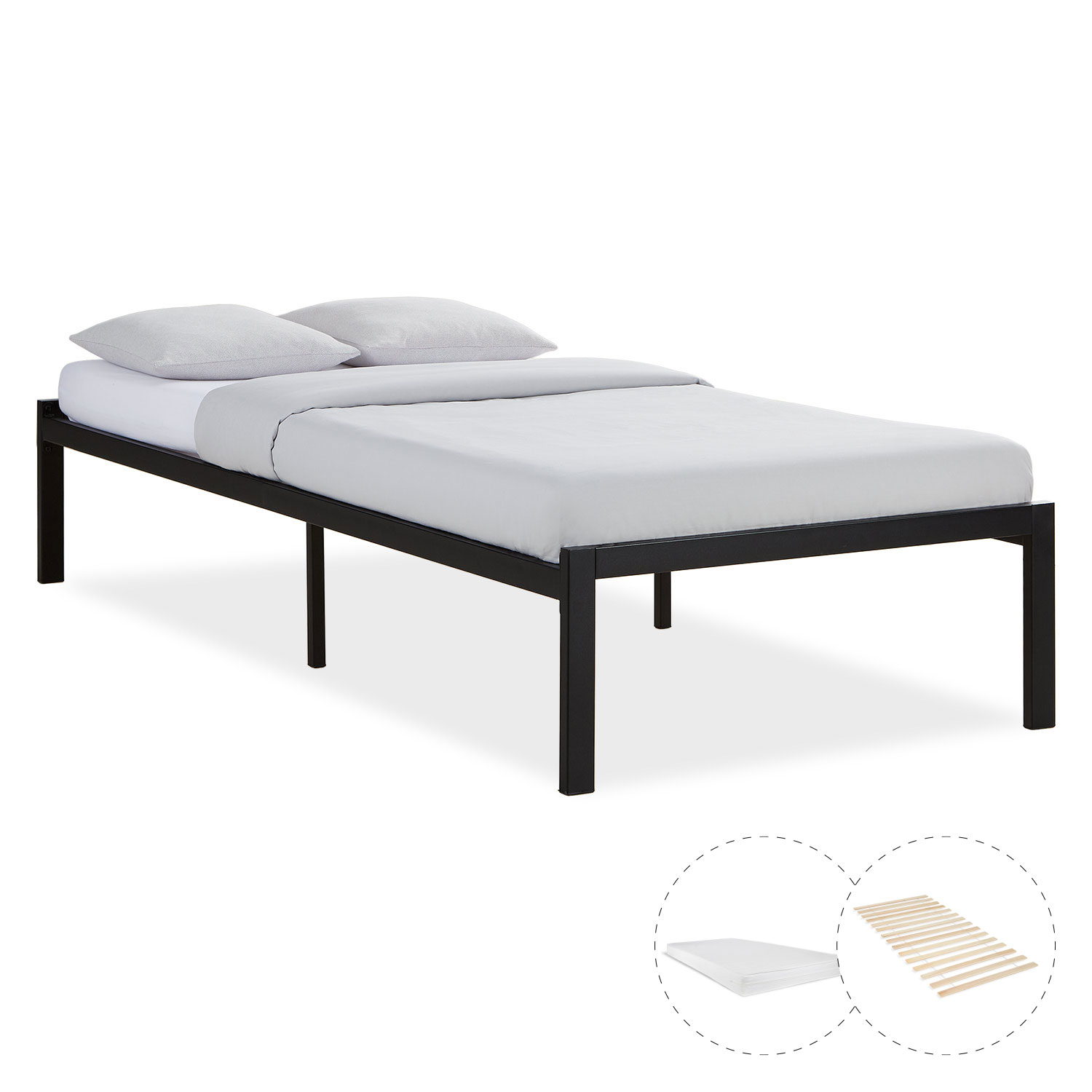 Solid Metal Bed with Mattress 90x200 cm Slatts Single Bed Black Futon Bed Platform Bed Frame Guest Bed 