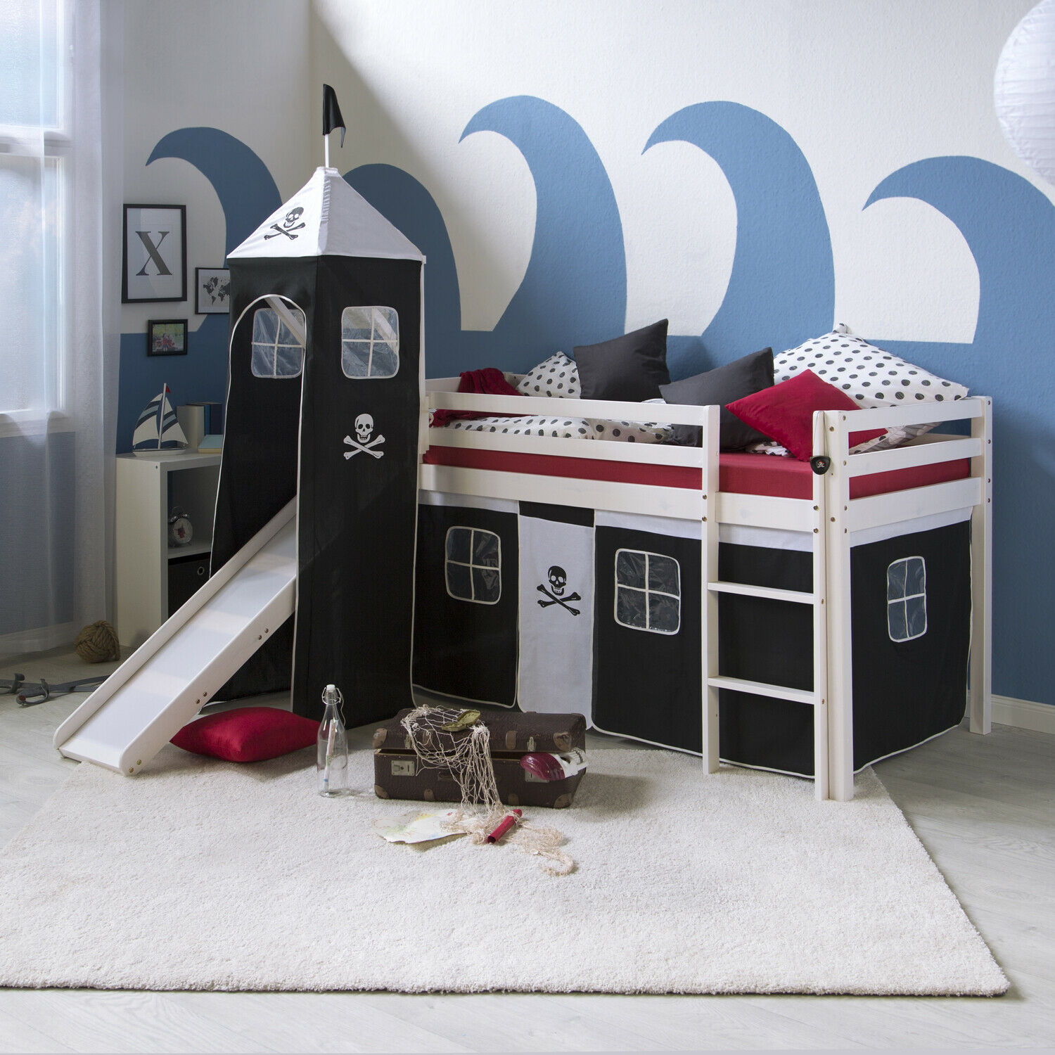Loft Bed Kids 90x200 cm White with Curtain in Black | Tower | Slide | without Slatted Frame