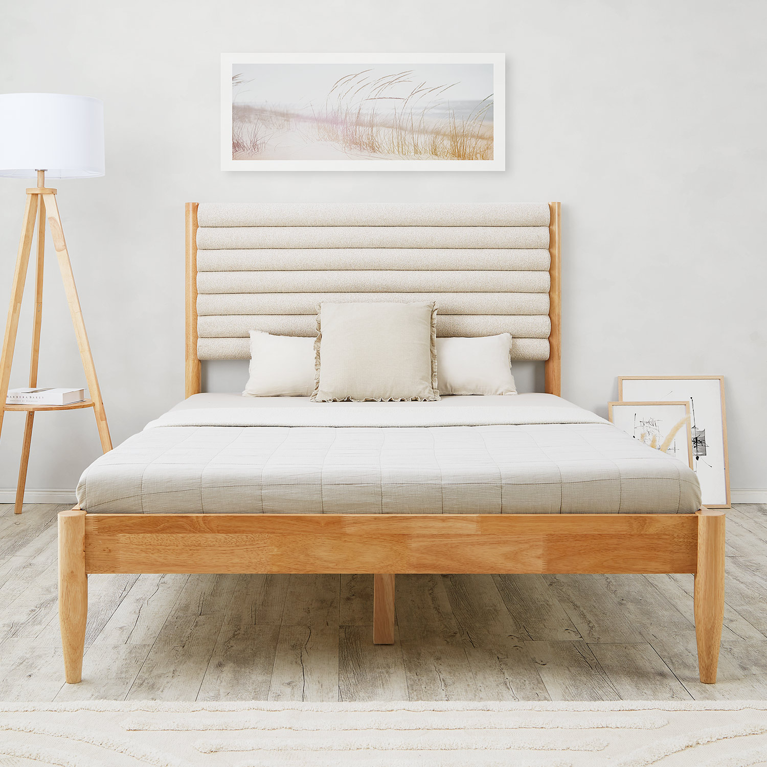 Wooden Bed 140x200 cm, Oak with Upholstered Headboard in Beige Bouclé, Includes Slatted Base & Mattress