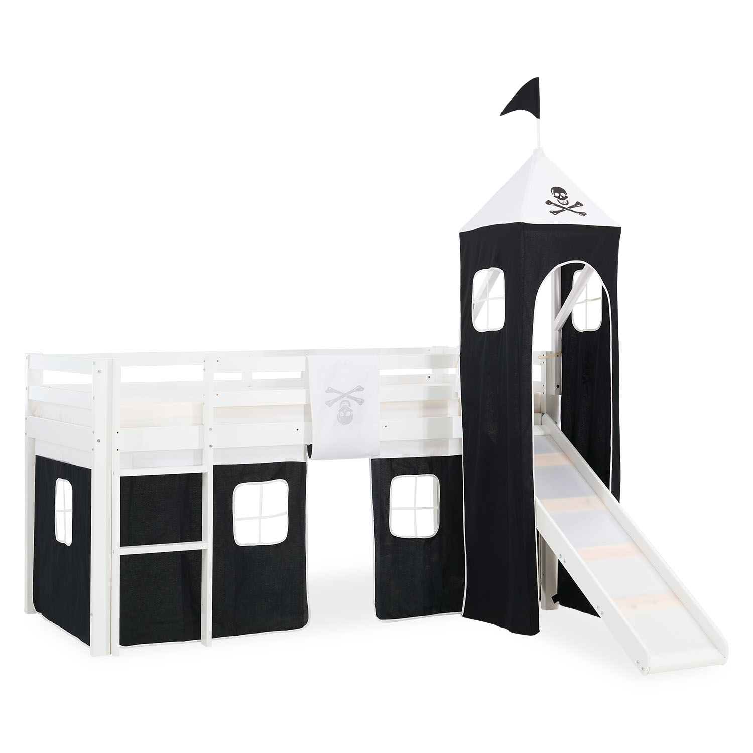 Loftbed 90x200 cm Bunk bed Childrens bed Solid Pine Wood Tower Tunnel Curtain Black Pirate Slide Mattress Slats
