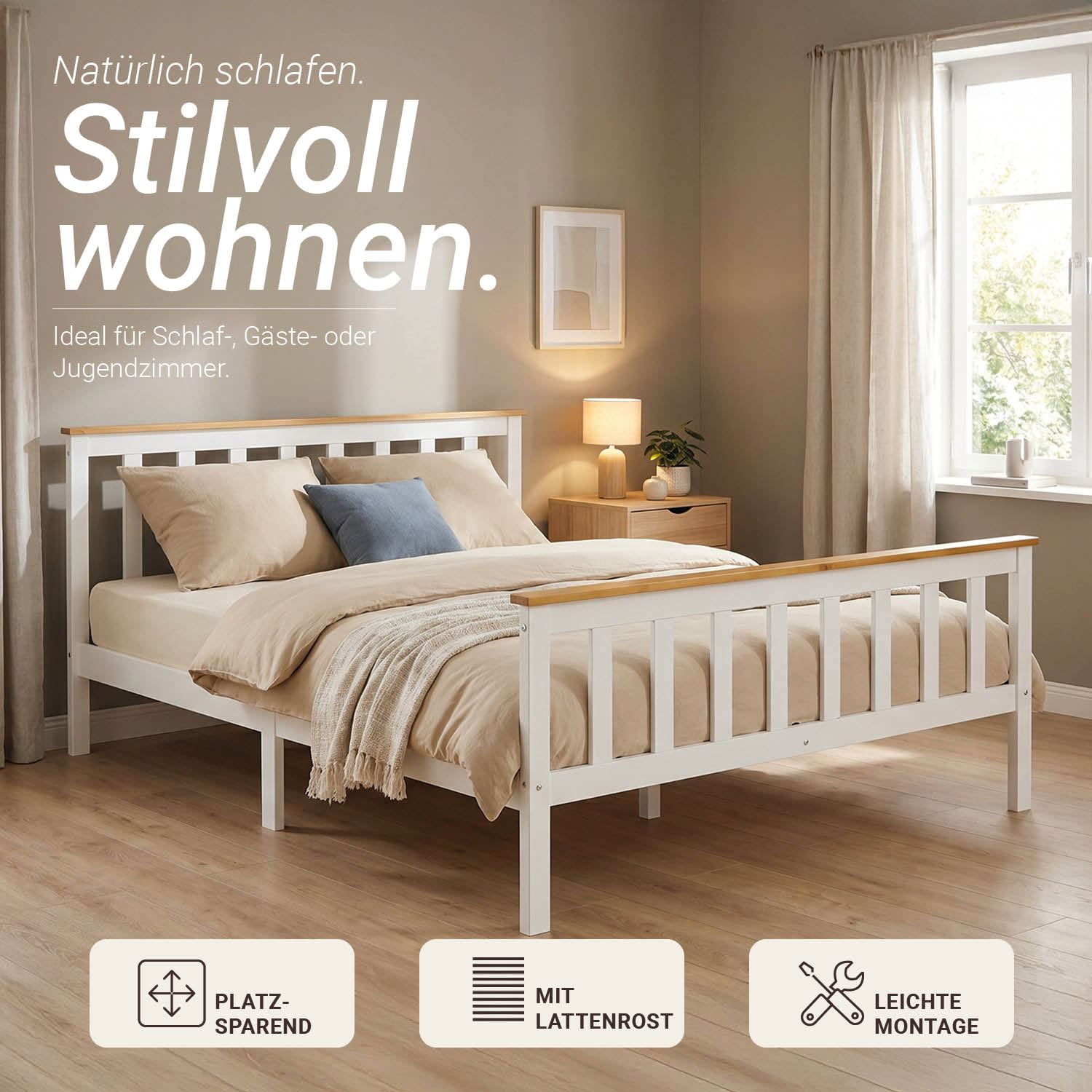Wooden Bed 140x200 cm Natural White | Double Bed | With Slatted Base | Scandinavian Style | Children's, Teen, or Guest Bedroom