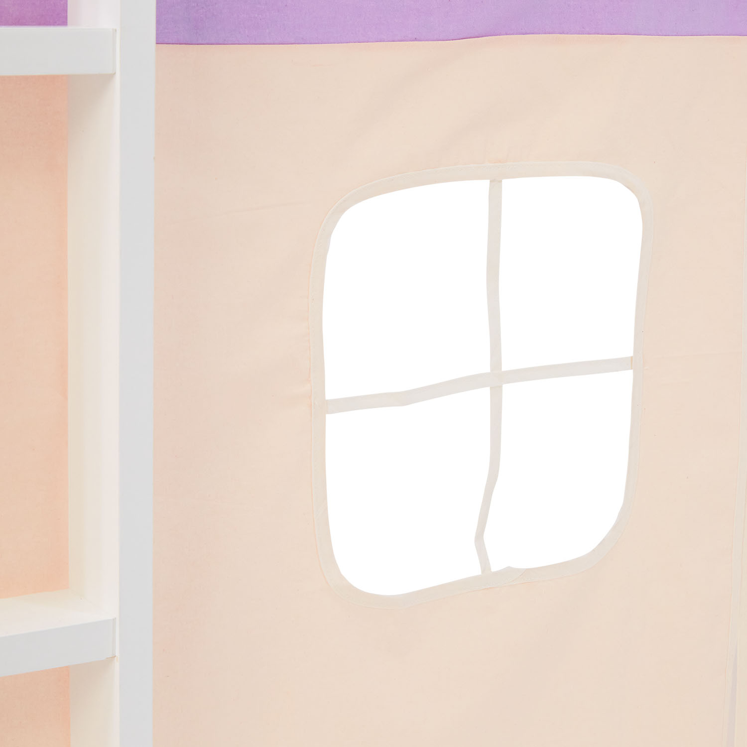 Children's Loft Bed 90x200 cm, White with Purple-Beige Curtain | Tunnel | Includes Slatted Base