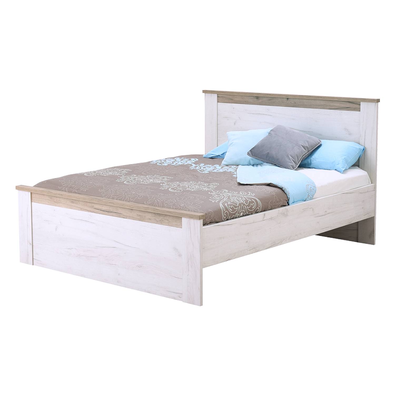 Holzbett in Grau und Weiß mit Oberflächen in Eichenoptik, Lattenrost und Vintage-Optik. In der eingerichteten Szene sind eine graue Wand, ein Fenster und ein heller Teppich zu sehen.