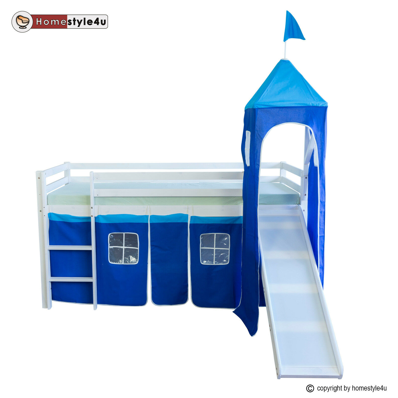 Loft Bed Kids 90x200 cm White with Curtain in Blue | Tower | Slide | without Slatted Frame Loft Bed Kids 90x200 cm White with Curtain in Blue | Tower | Slide | without Slatted Frame