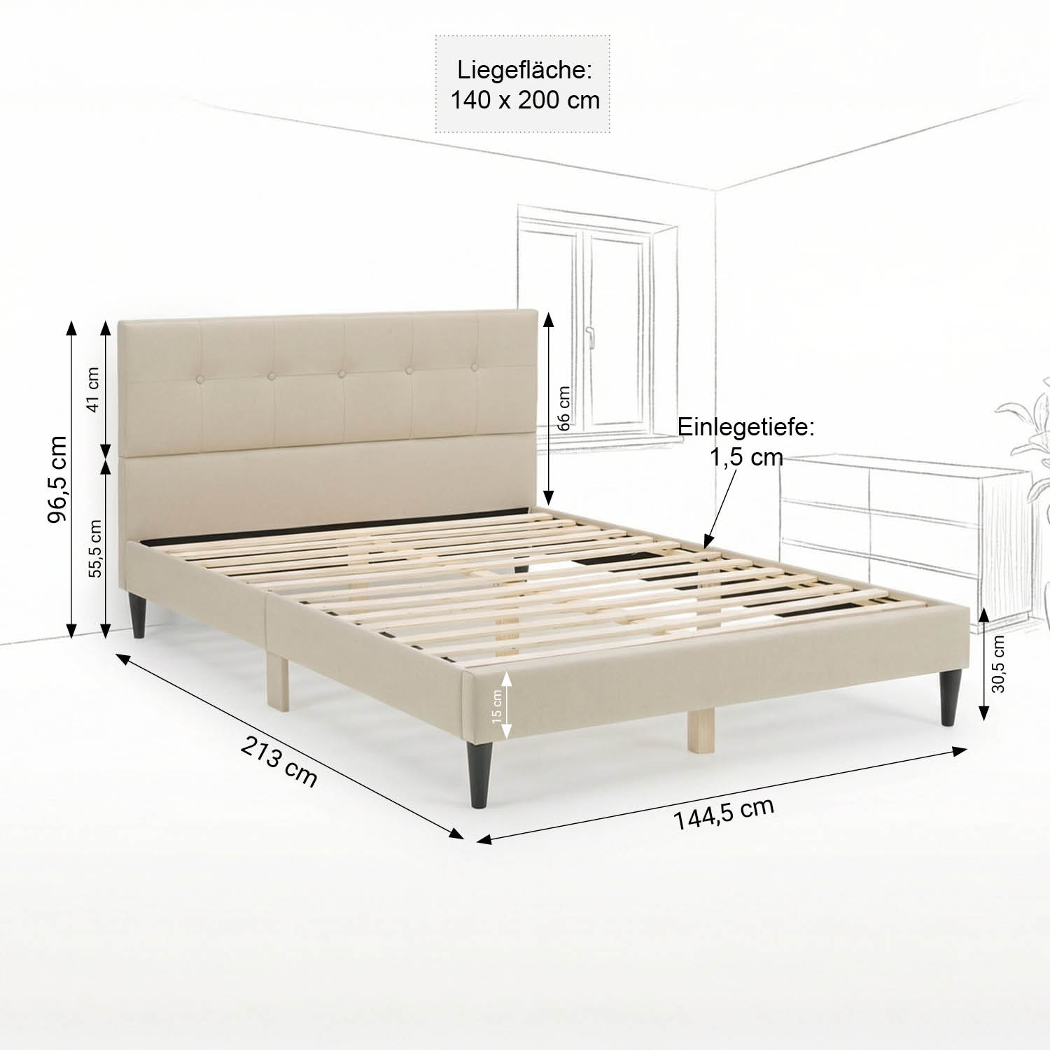 Upholstered bed 140x200 cm beige | with slatted frame | double fabric bed frame