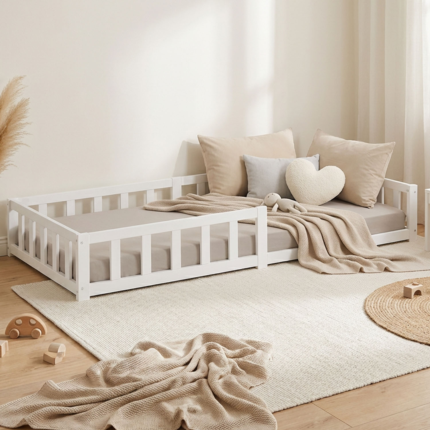 Montessori Crib 90x200 cm White, Includes Mattress & Slatted Base – Floor-Level Crib with Safety Rail Made of Solid Wood