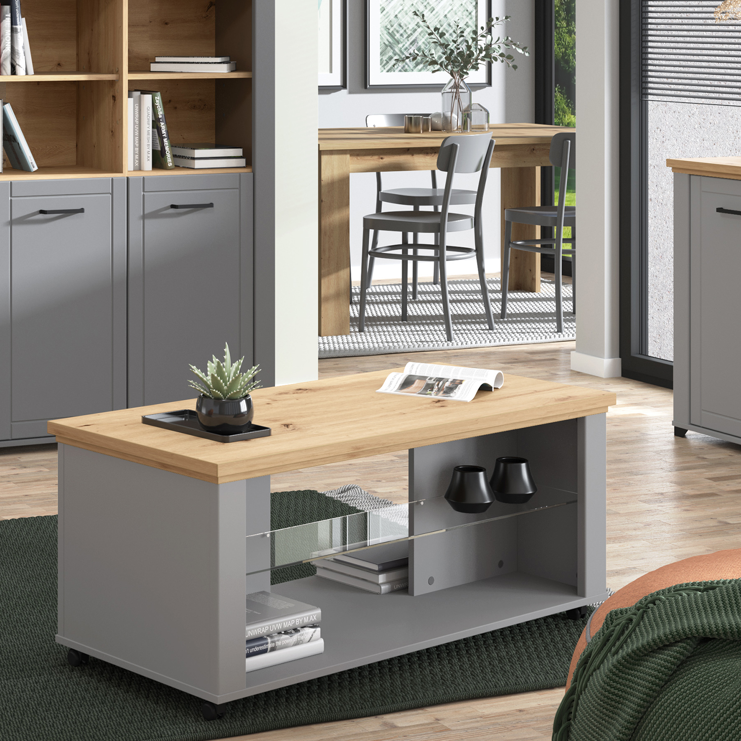 Coffee Table Living Room Table with Castors Wooden Table Oak Grey Storage