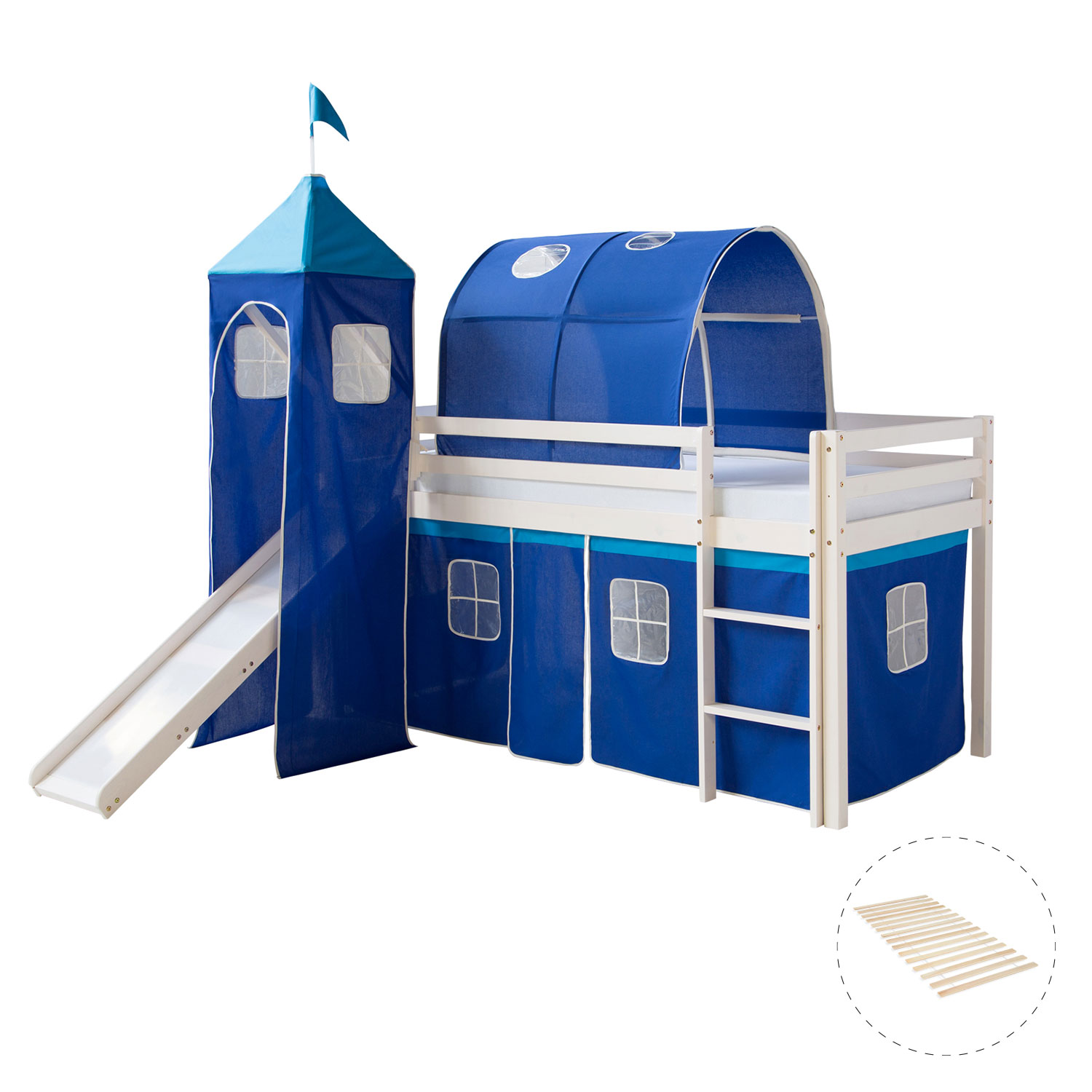 Loft Bed Kids 90x200 cm White with Curtain in Blue | Tunnel | Tower | Slide | with Slatted Frame