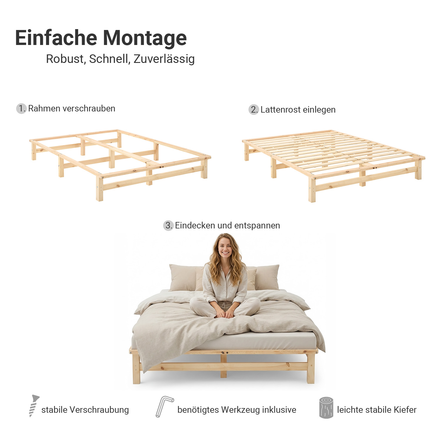 160x200 cm Natural Pallet Bed – Wooden Double Bed with Slatted Base for Teen Rooms, Guest Rooms, and Bedrooms